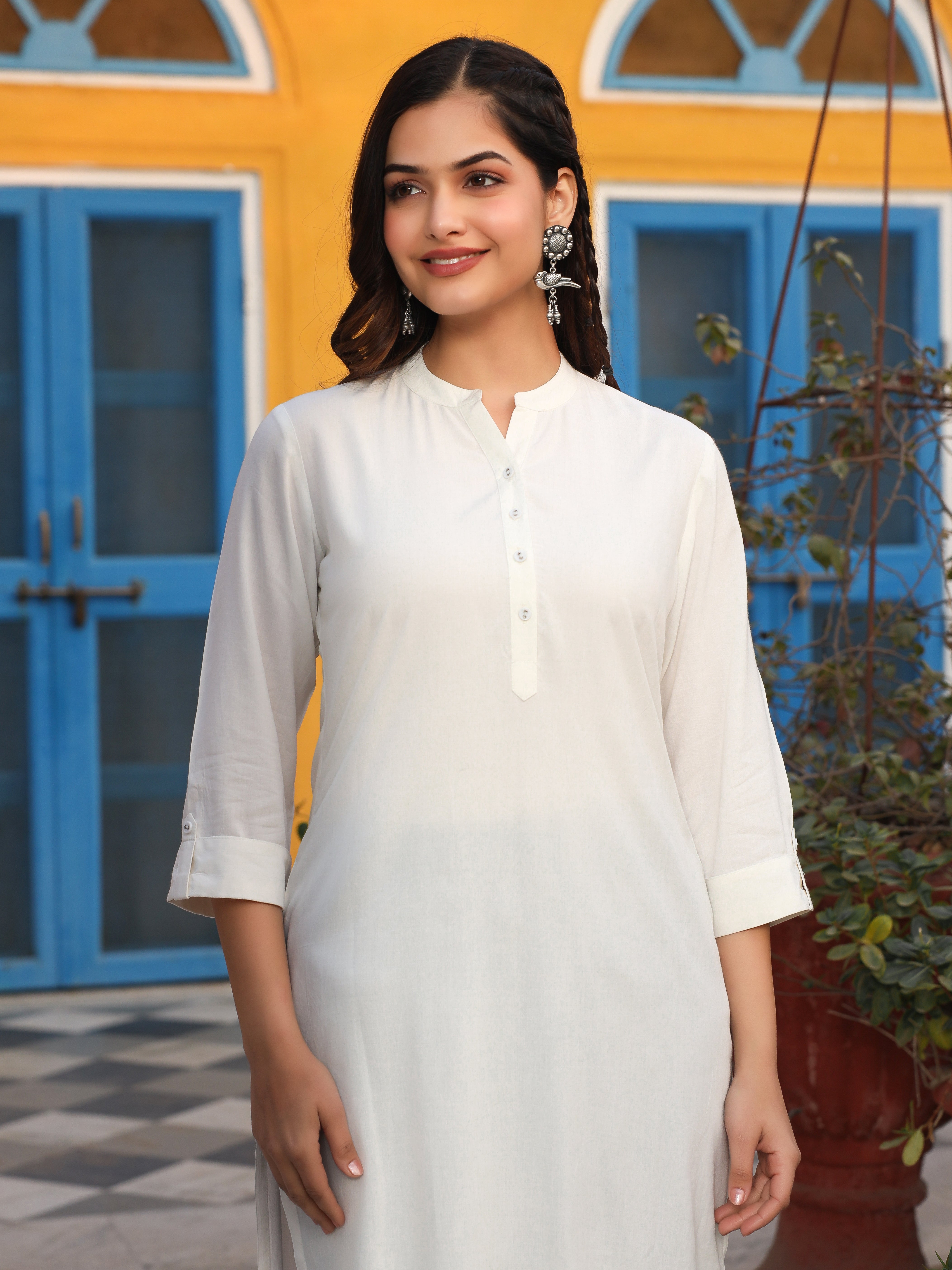 Juniper White Solid Modal Rayon Straight Kurta With Half Placket At Front