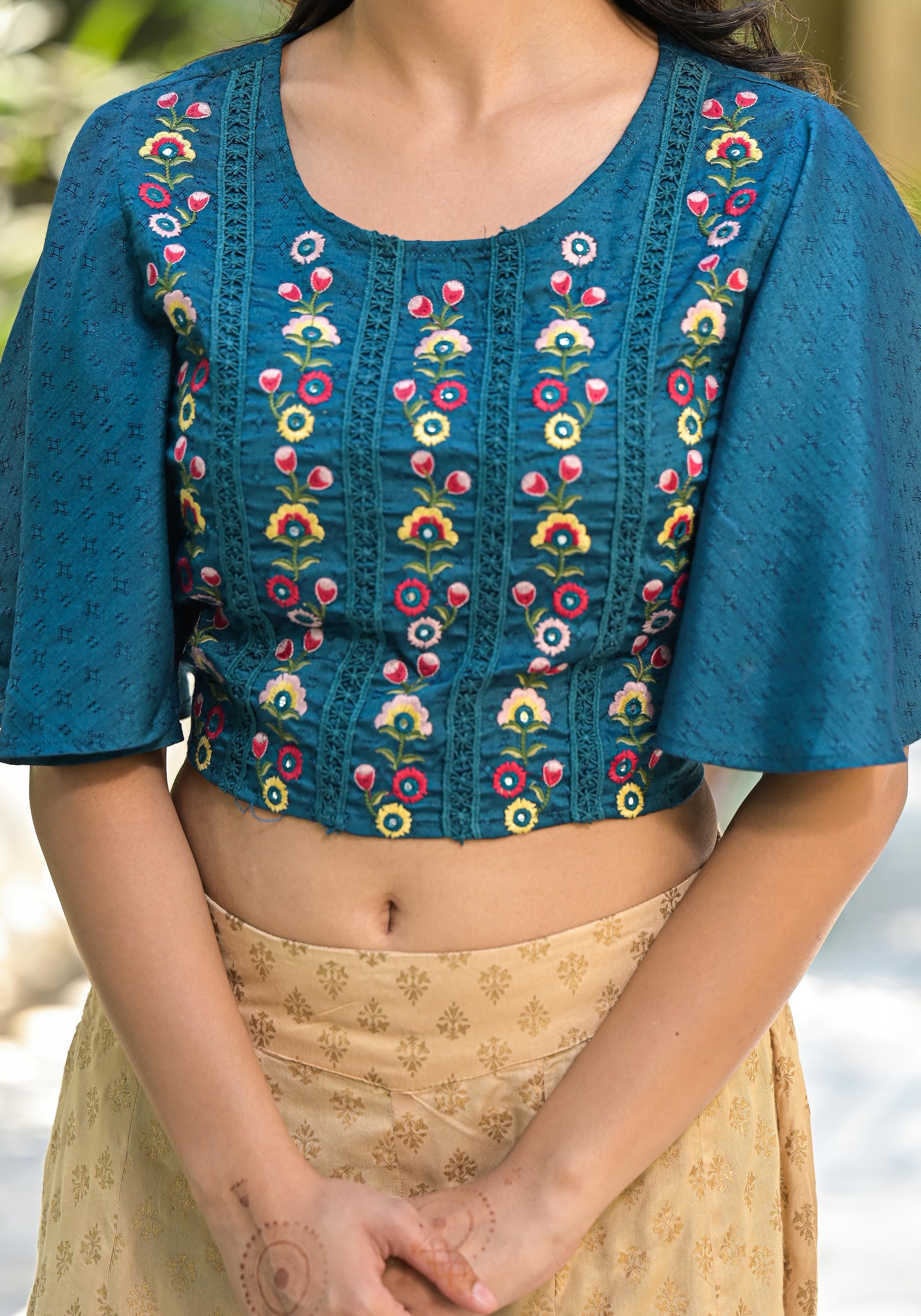 Blue Thread Embroidered Liva Rayon Top With Mirror Work