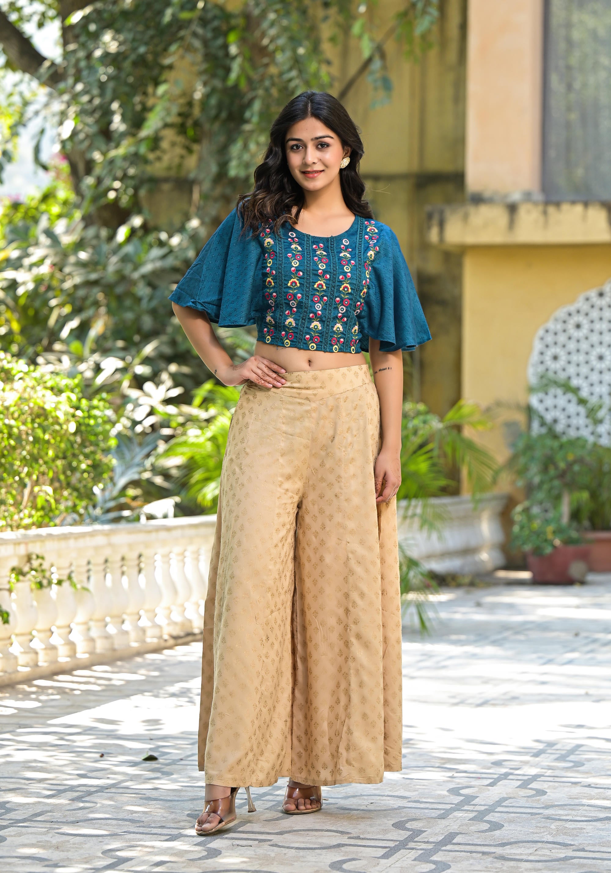 Blue Thread Embroidered Liva Rayon Top With Mirror Work