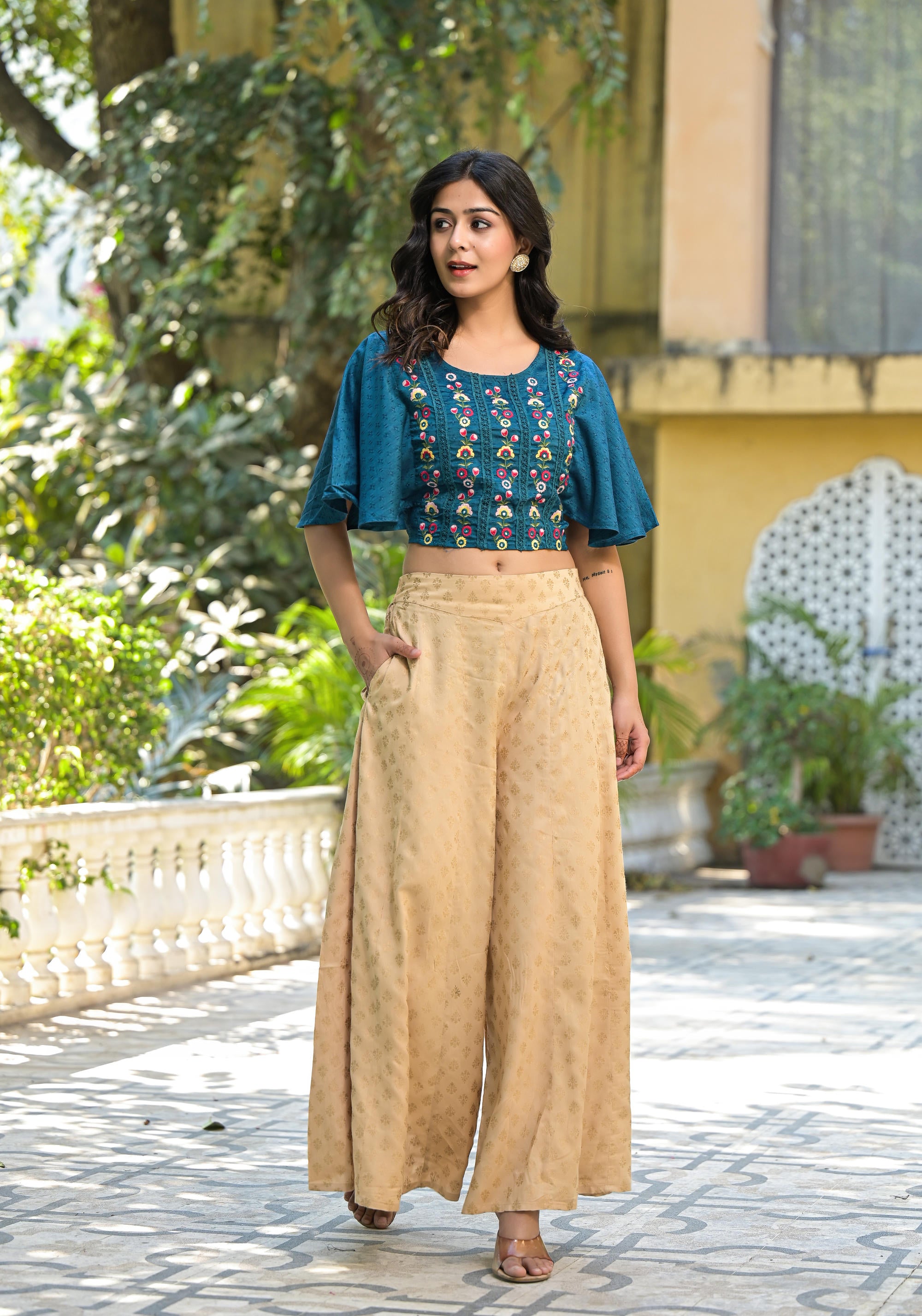 Blue Thread Embroidered Liva Rayon Top With Mirror Work