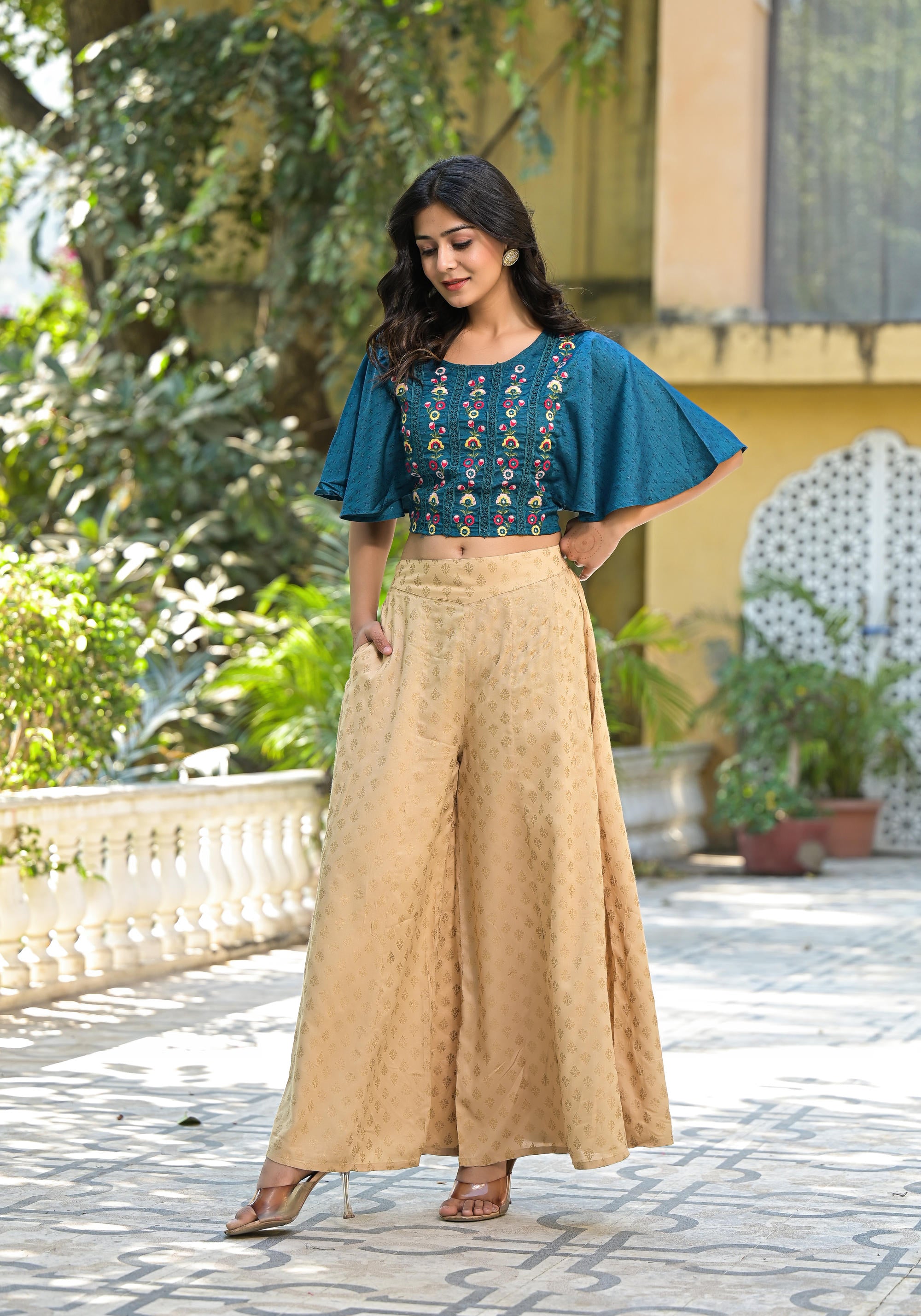 Blue Thread Embroidered Liva Rayon Top With Mirror Work