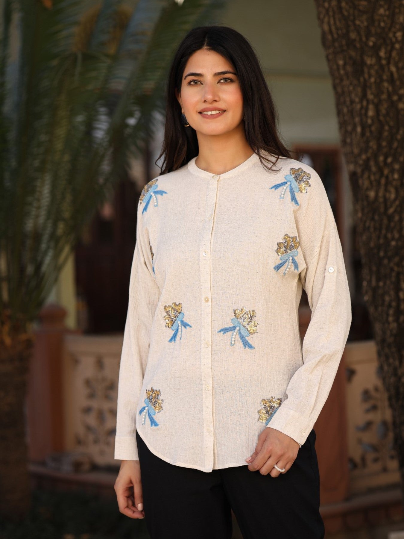 Women Natural Solid Shirt With Sequins Work