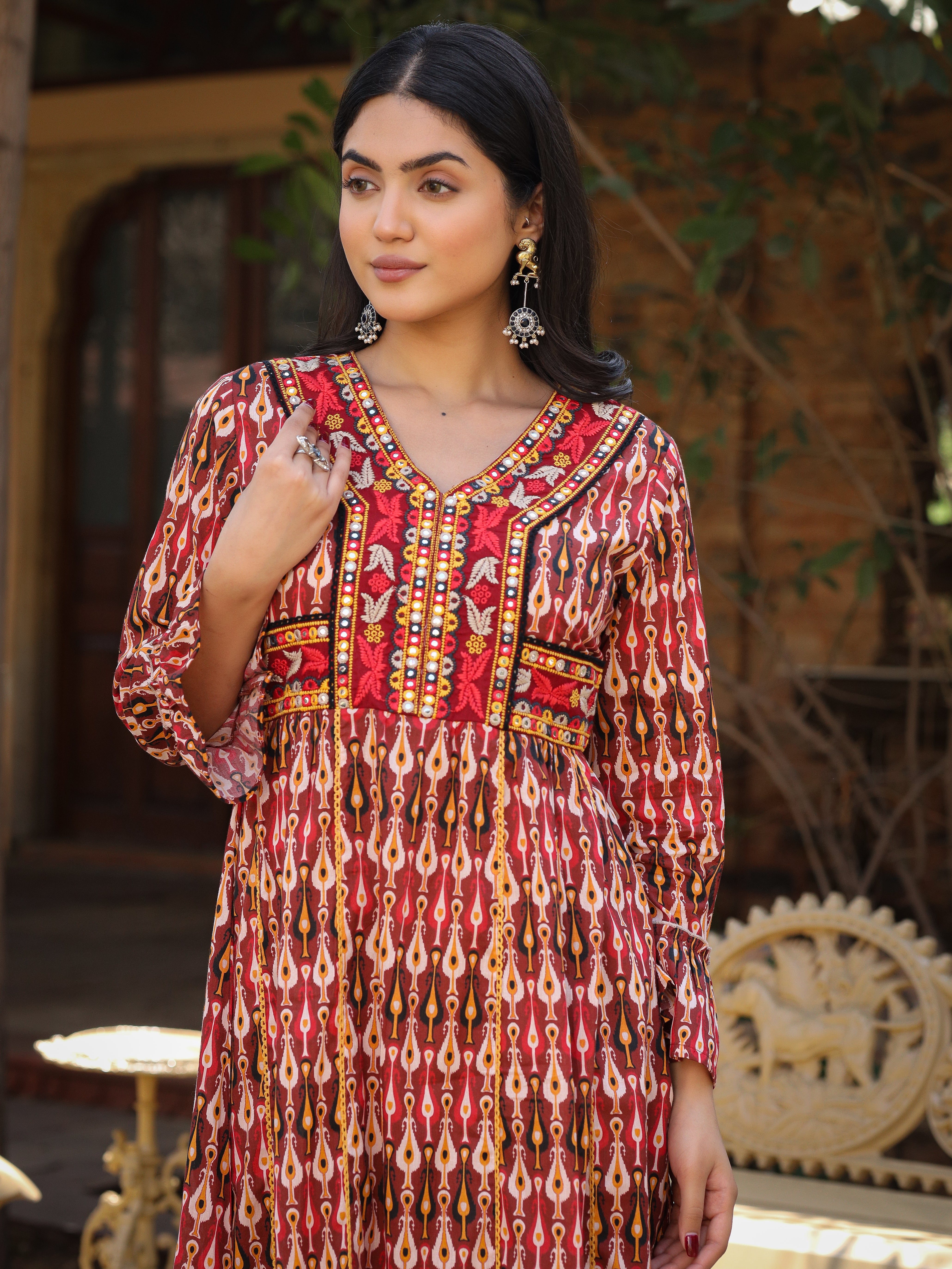 Maroon Ikat Printed Cotton Maxi Dress with Embroidered Neckline