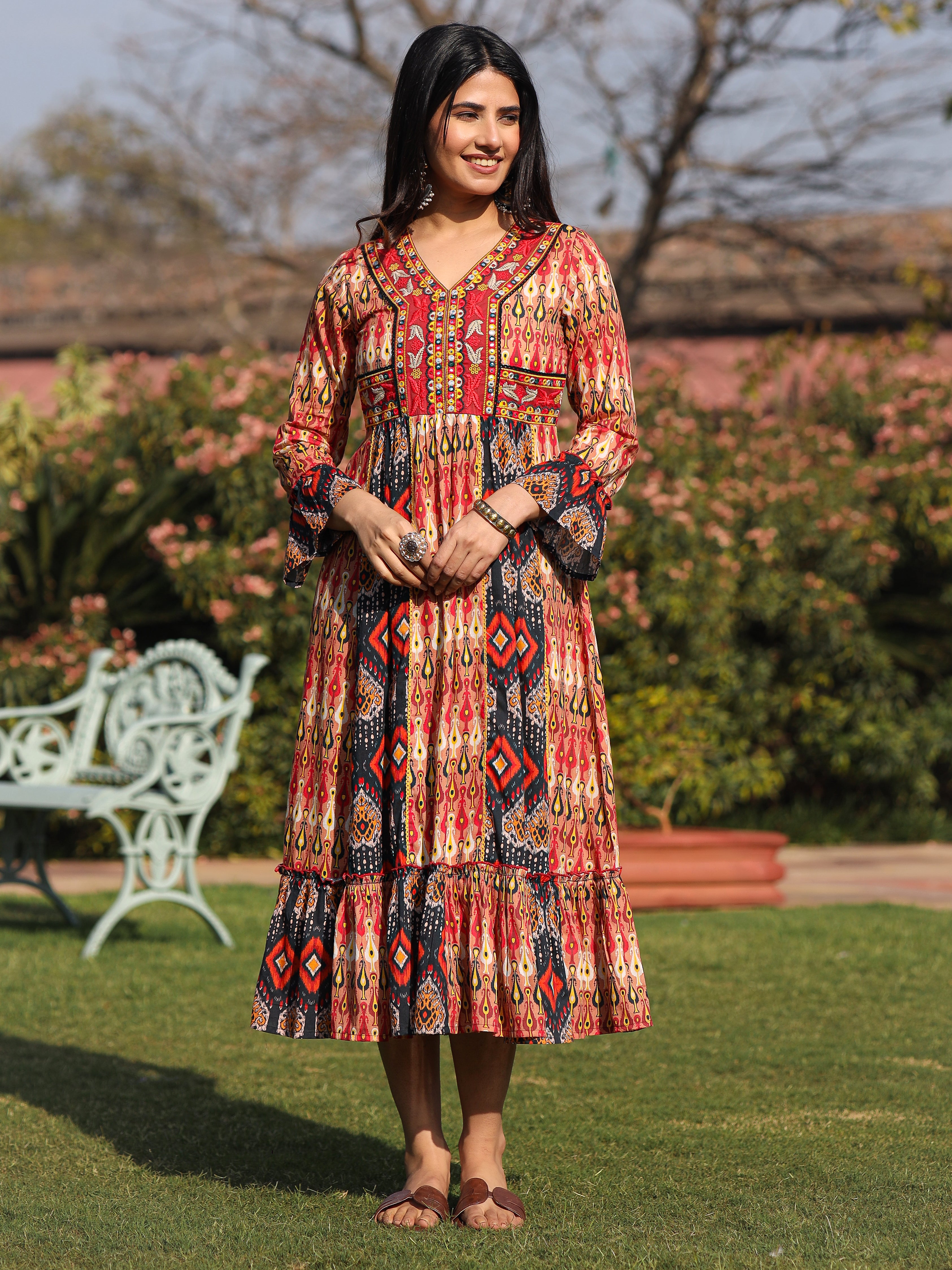 Rust Ikat Printed Cotton Maxi Dress with Embroidered Neckline
