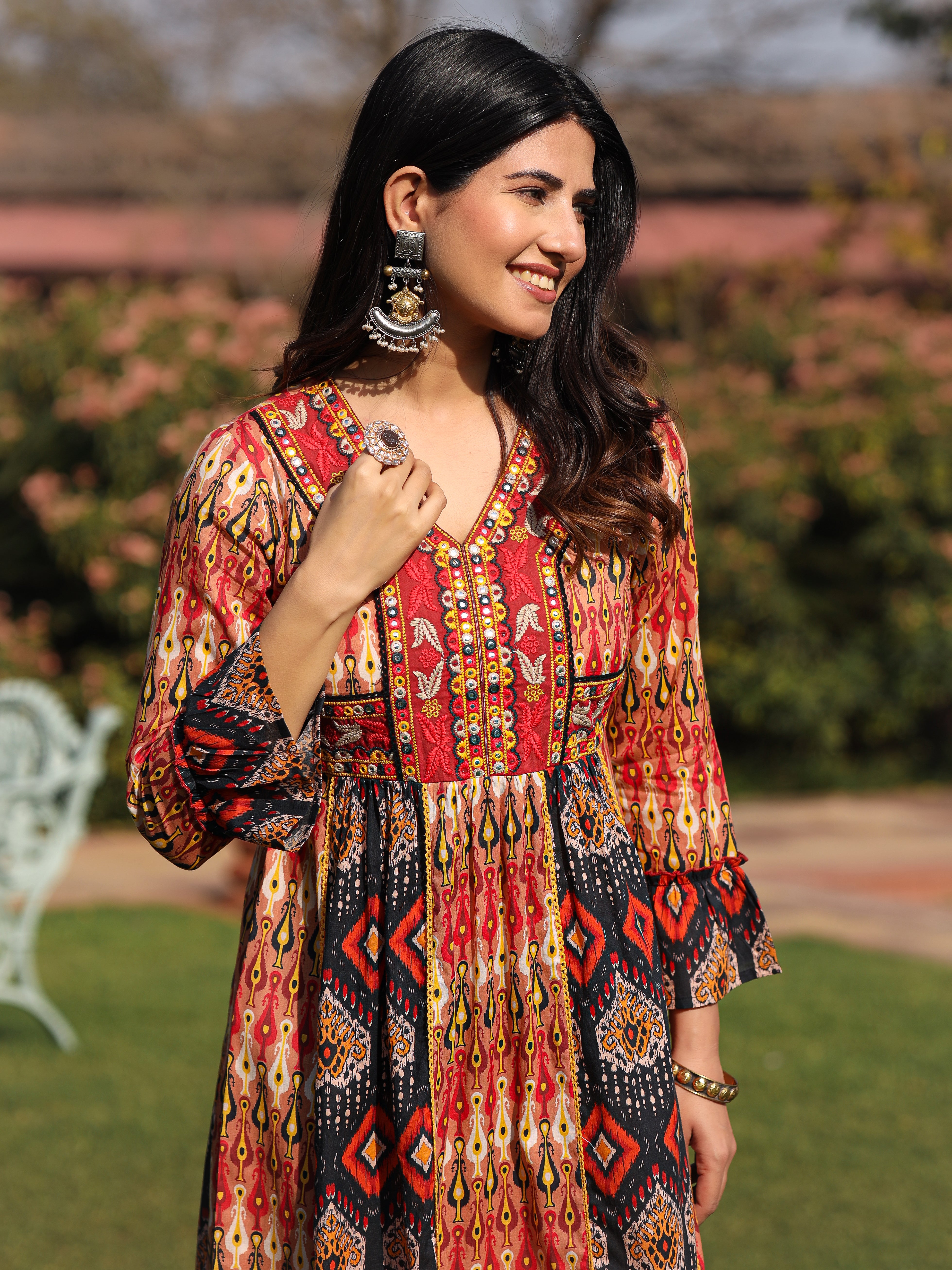 Rust Ikat Printed Cotton Maxi Dress with Embroidered Neckline
