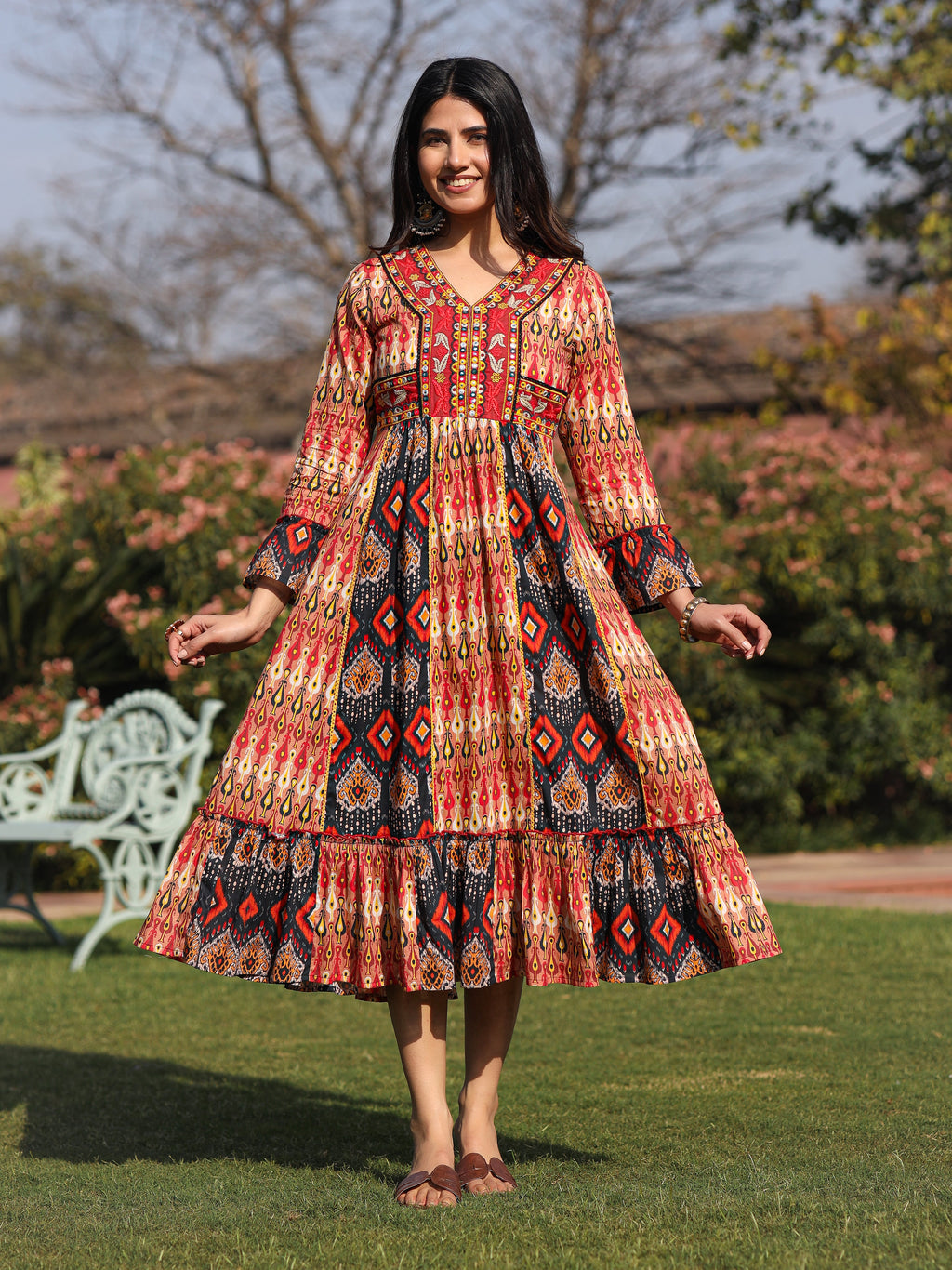 Rust Ikat Cotton Maxi Dress with Embroidered Neckline | Juniper Fashion