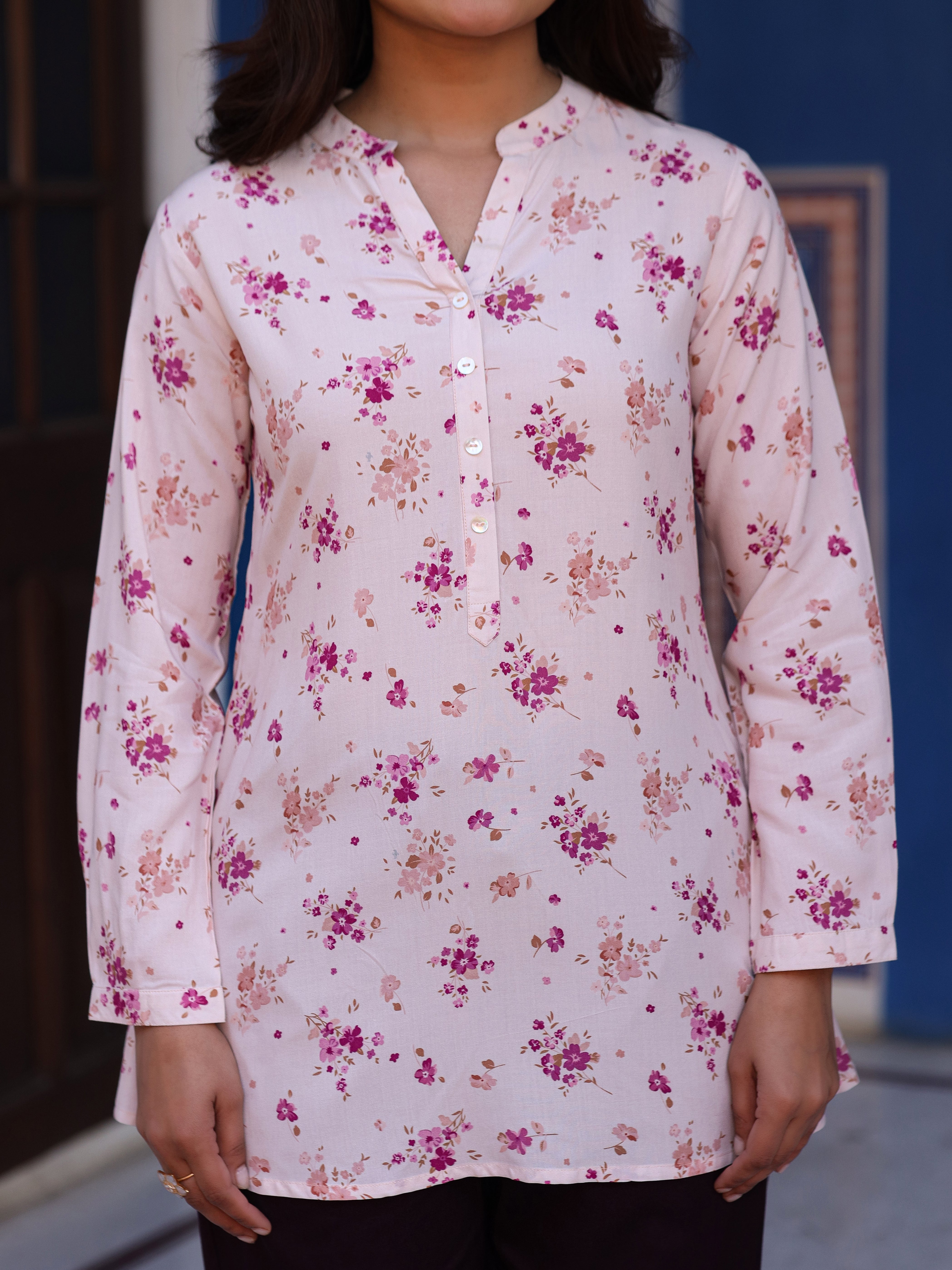 Women's Pink Floral Printed Tunic in Rayon