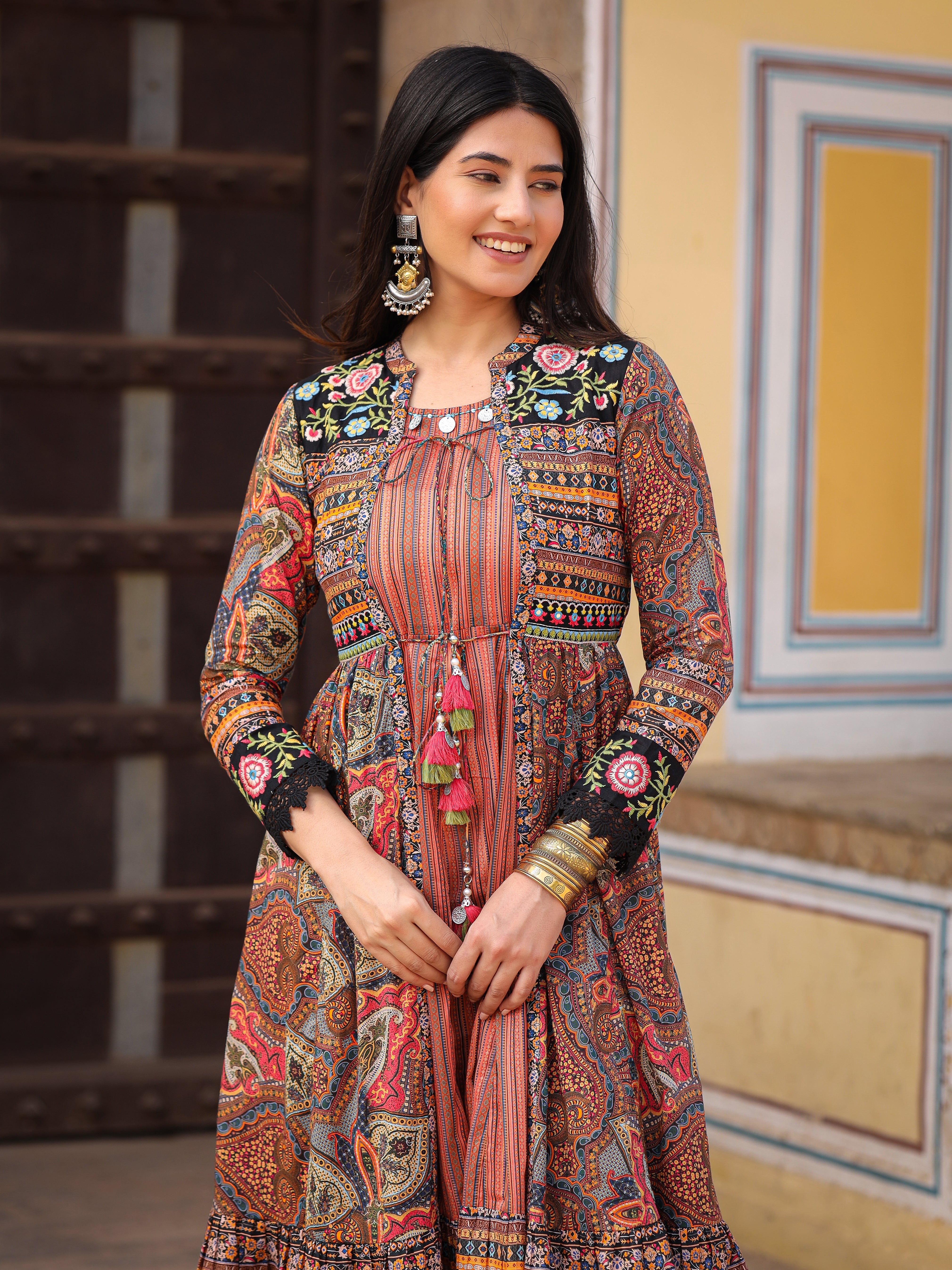 Ethnic Jacket Long Traditional Jacket For Ladies Multi-Colored