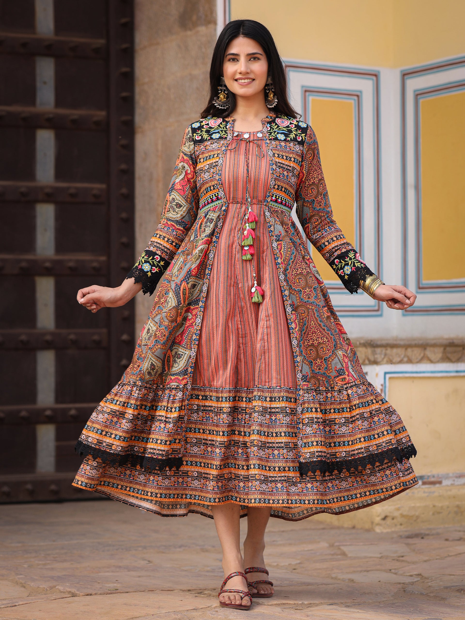 Multi-Colored Ethnic Maxi Dress with Embroidered Jacket