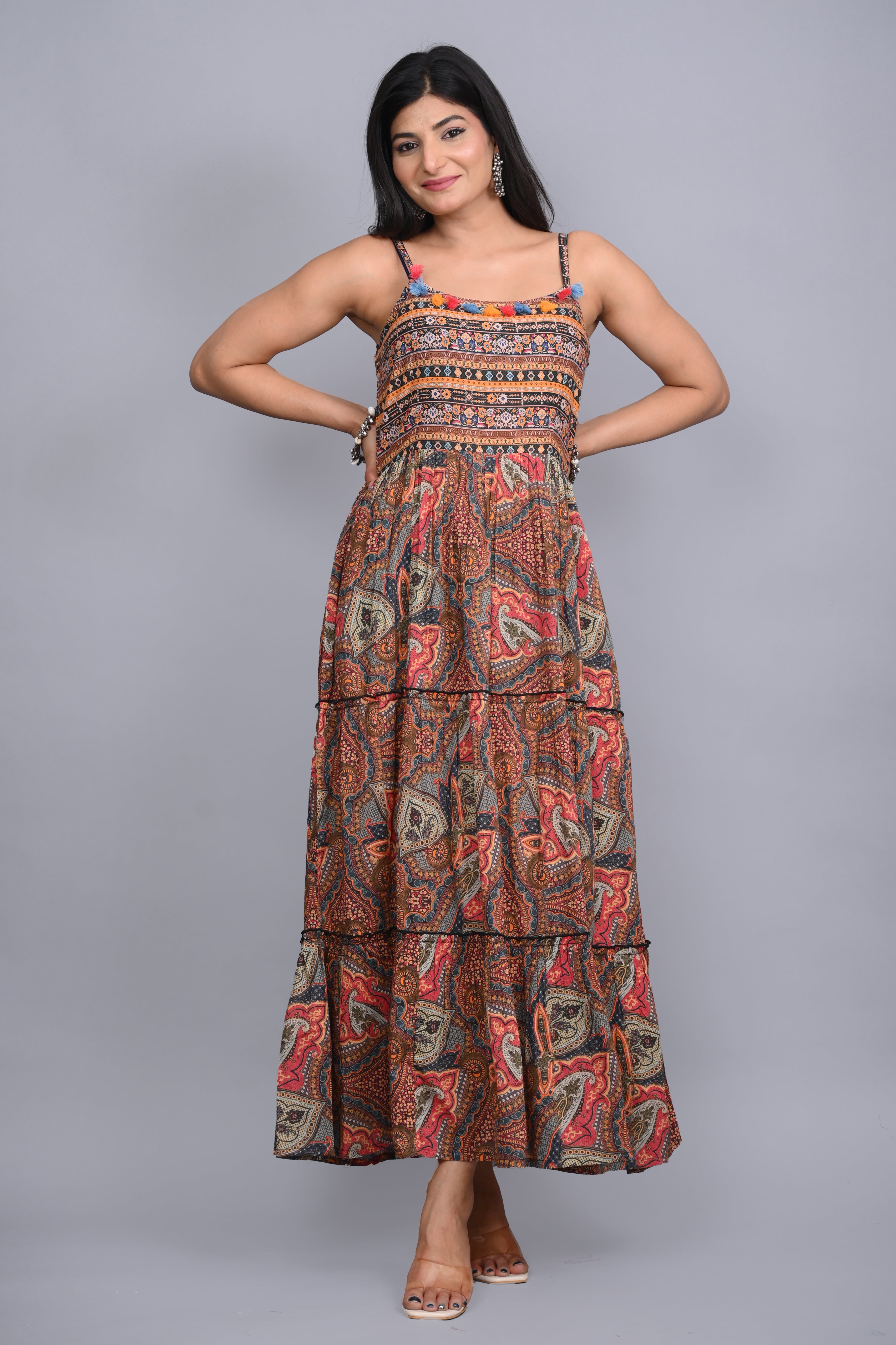 Multi Colored Cotton Ethnic Motif Maxi Dress with Shrug