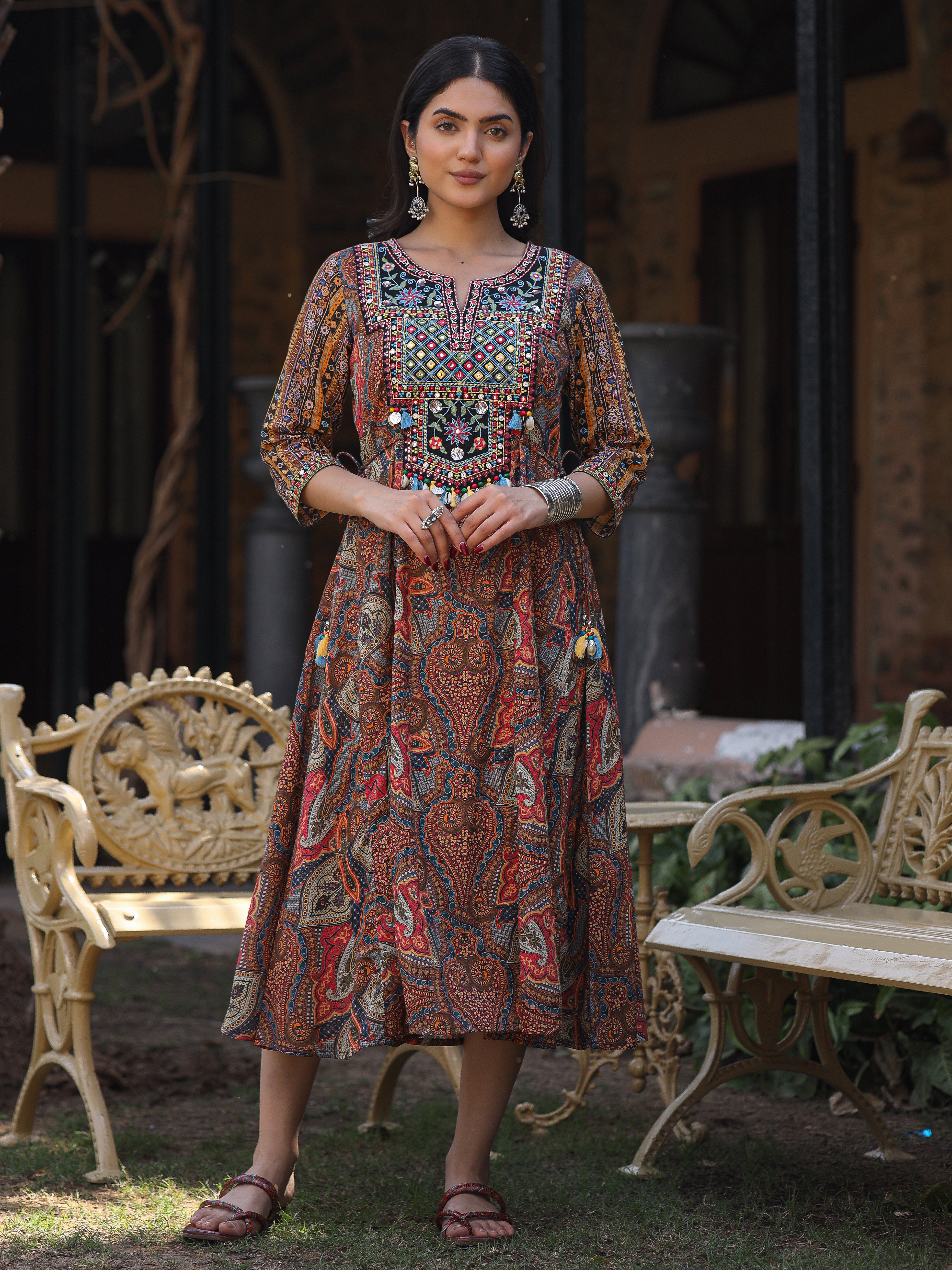 Women's Multi Colored Cotton Ethnic Motif Printed Maxi Dress with Embroidered Yoke