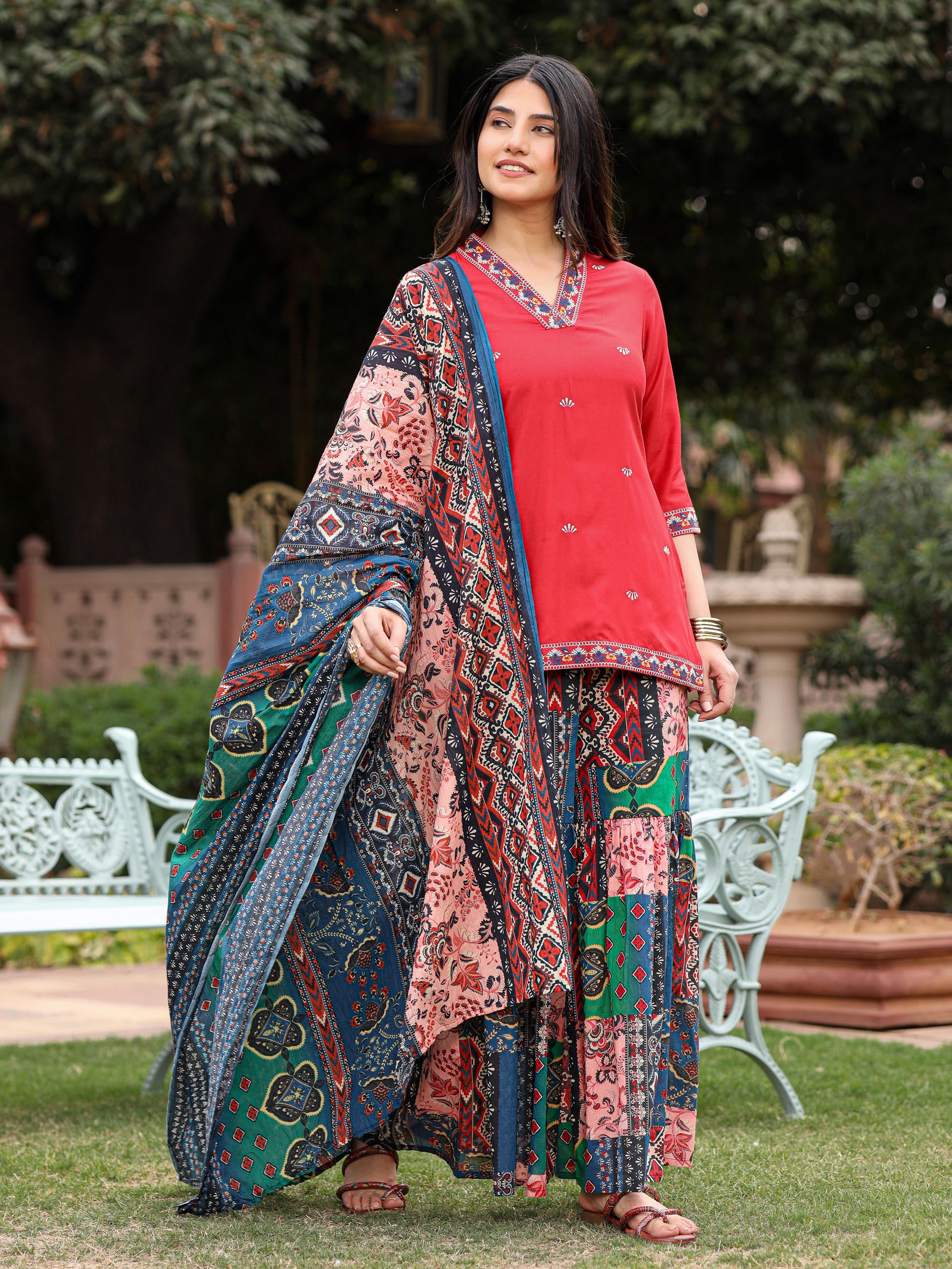 Rust Thered Embroidered Rayon Kurta Sharara & Voile Dupatta Set