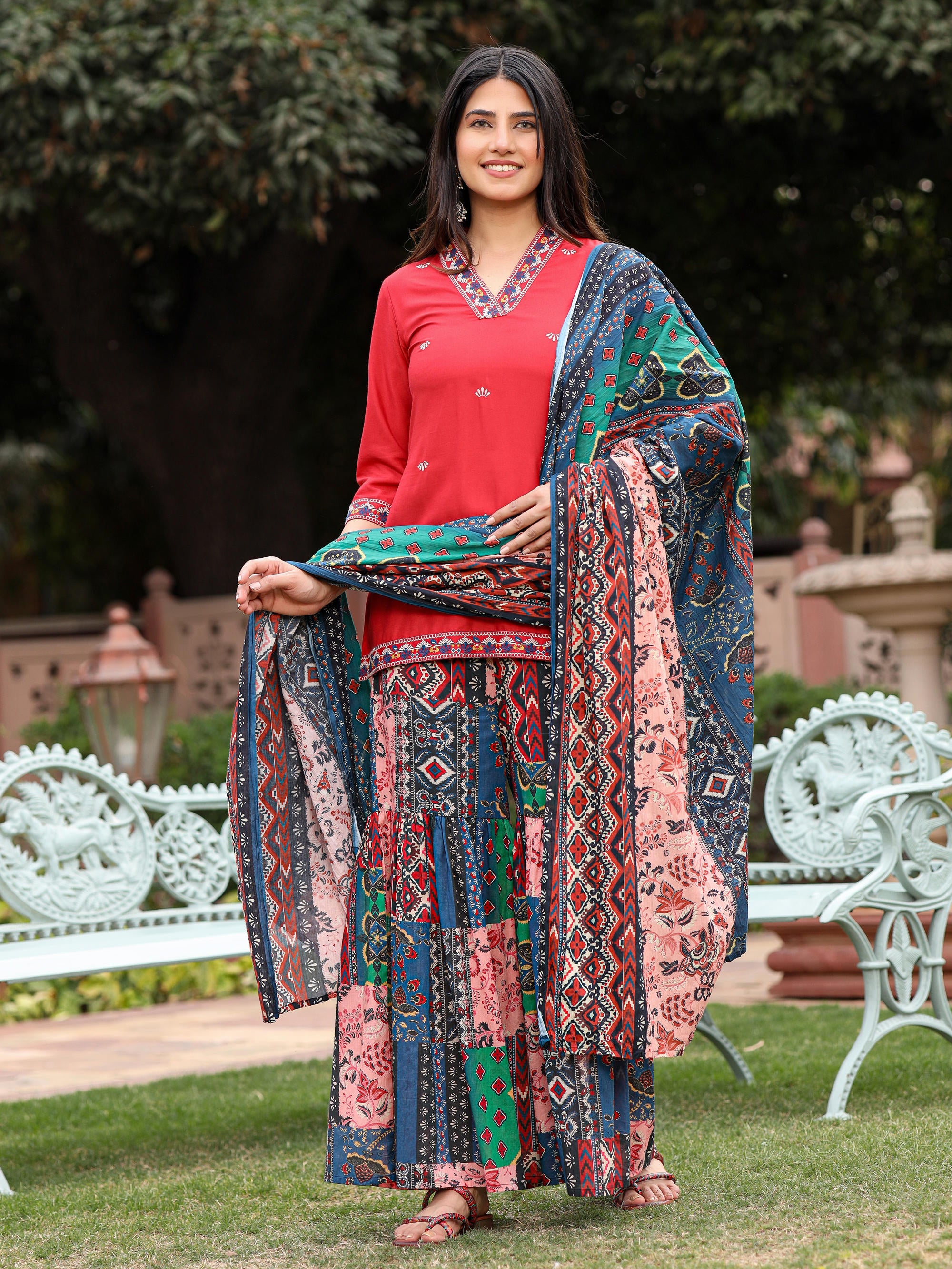 Rust Thered Embroidered Rayon Kurta Sharara & Voile Dupatta Set