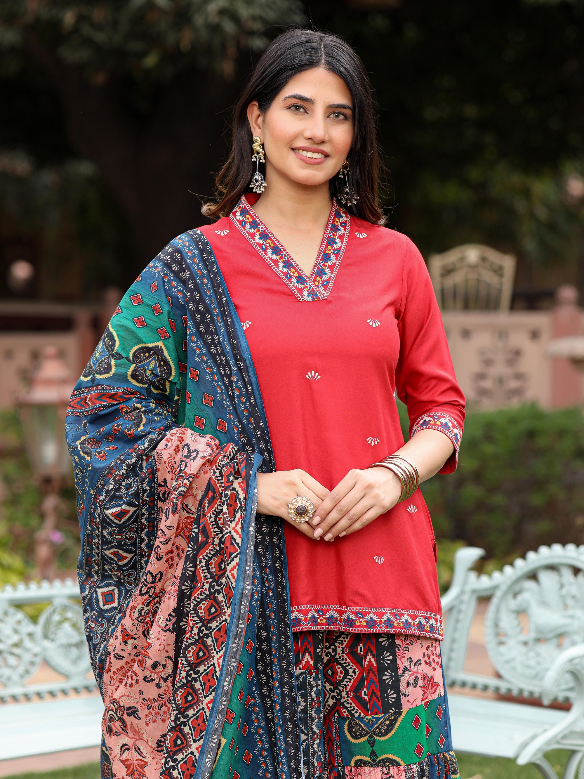 Rust Thered Embroidered Rayon Kurta Sharara & Voile Dupatta Set