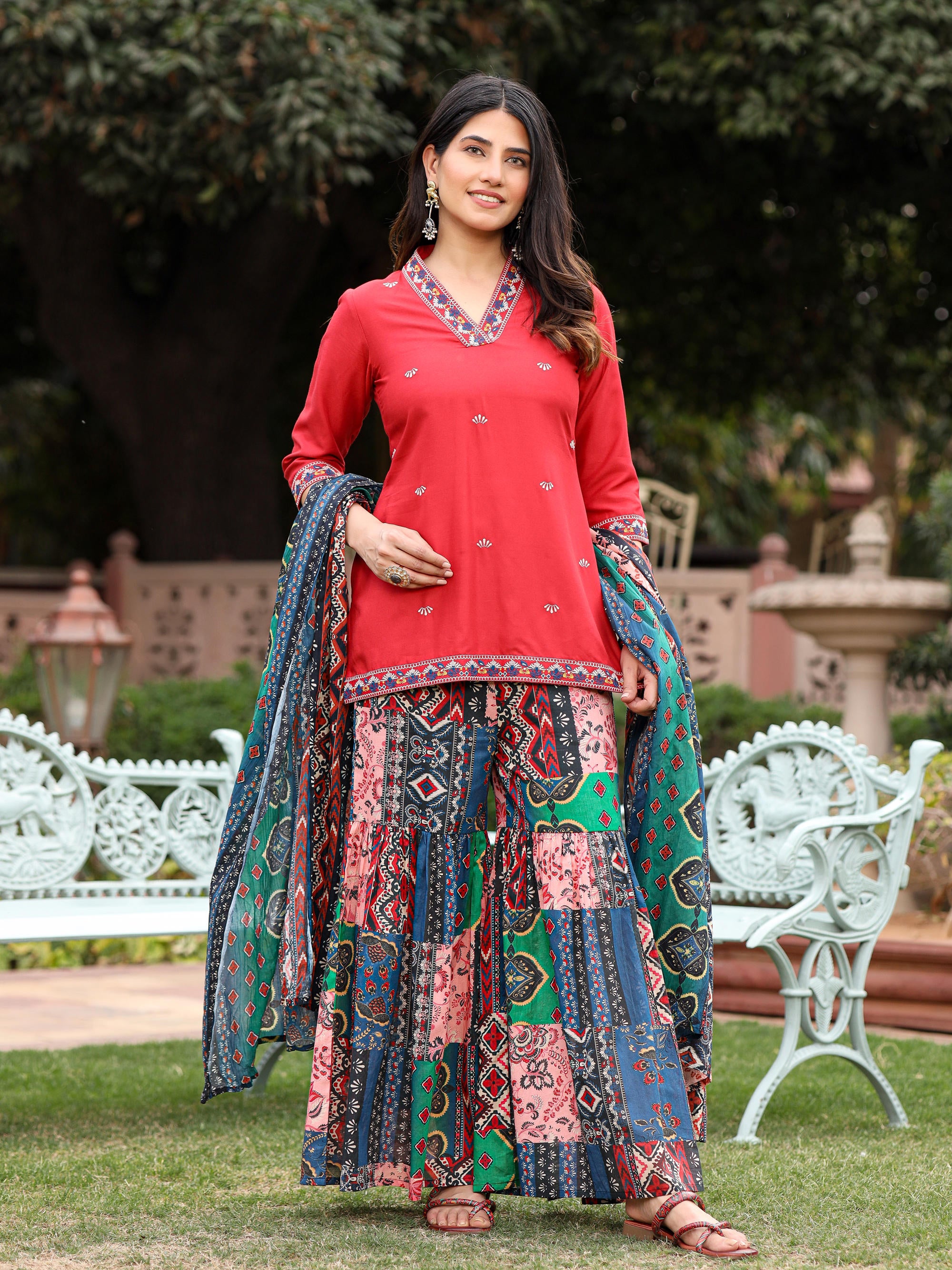 Rust Thered Embroidered Rayon Kurta Sharara & Voile Dupatta Set