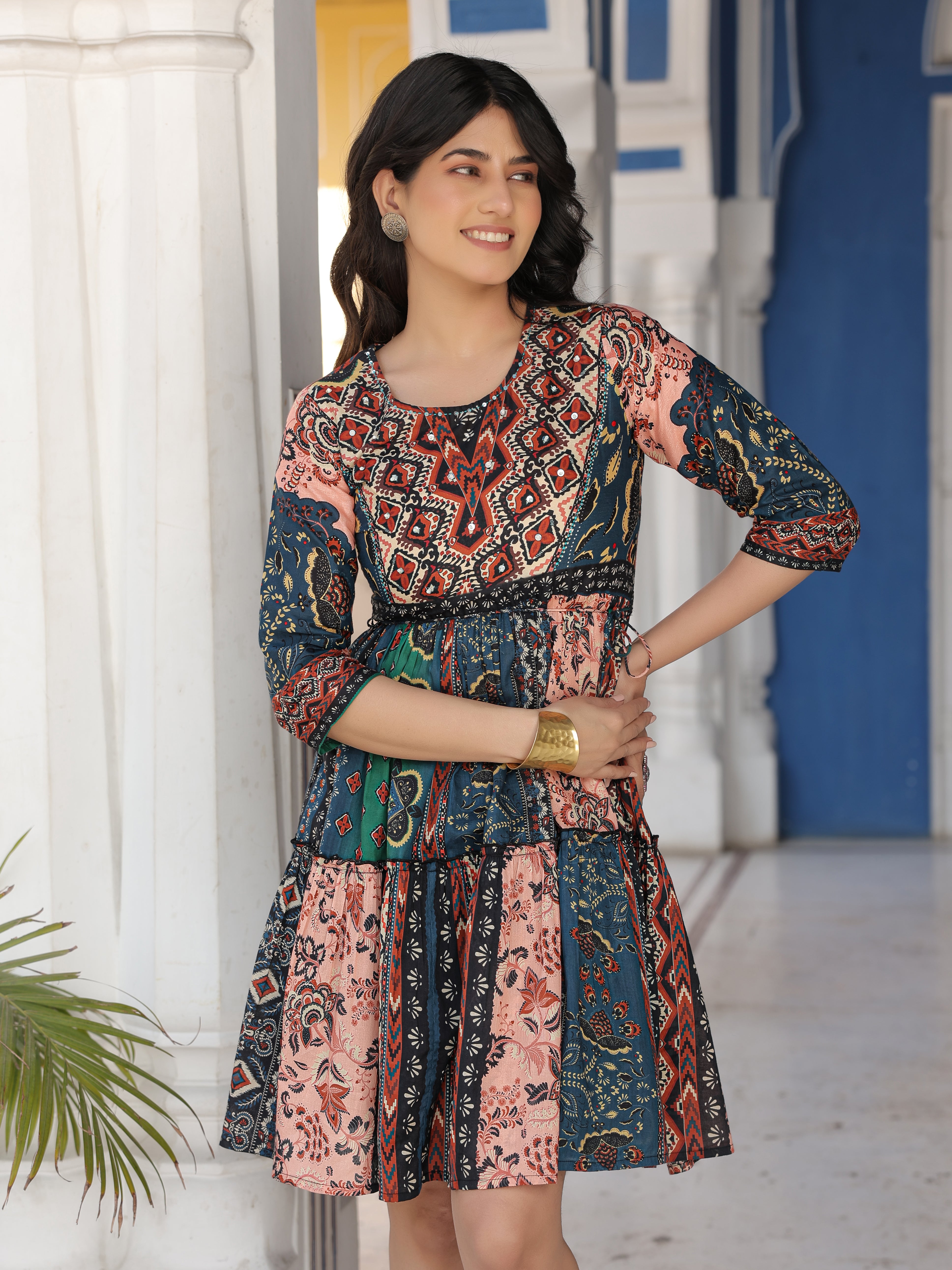 Multi Colored Cotton Short Dress with Ethnic Print For Women