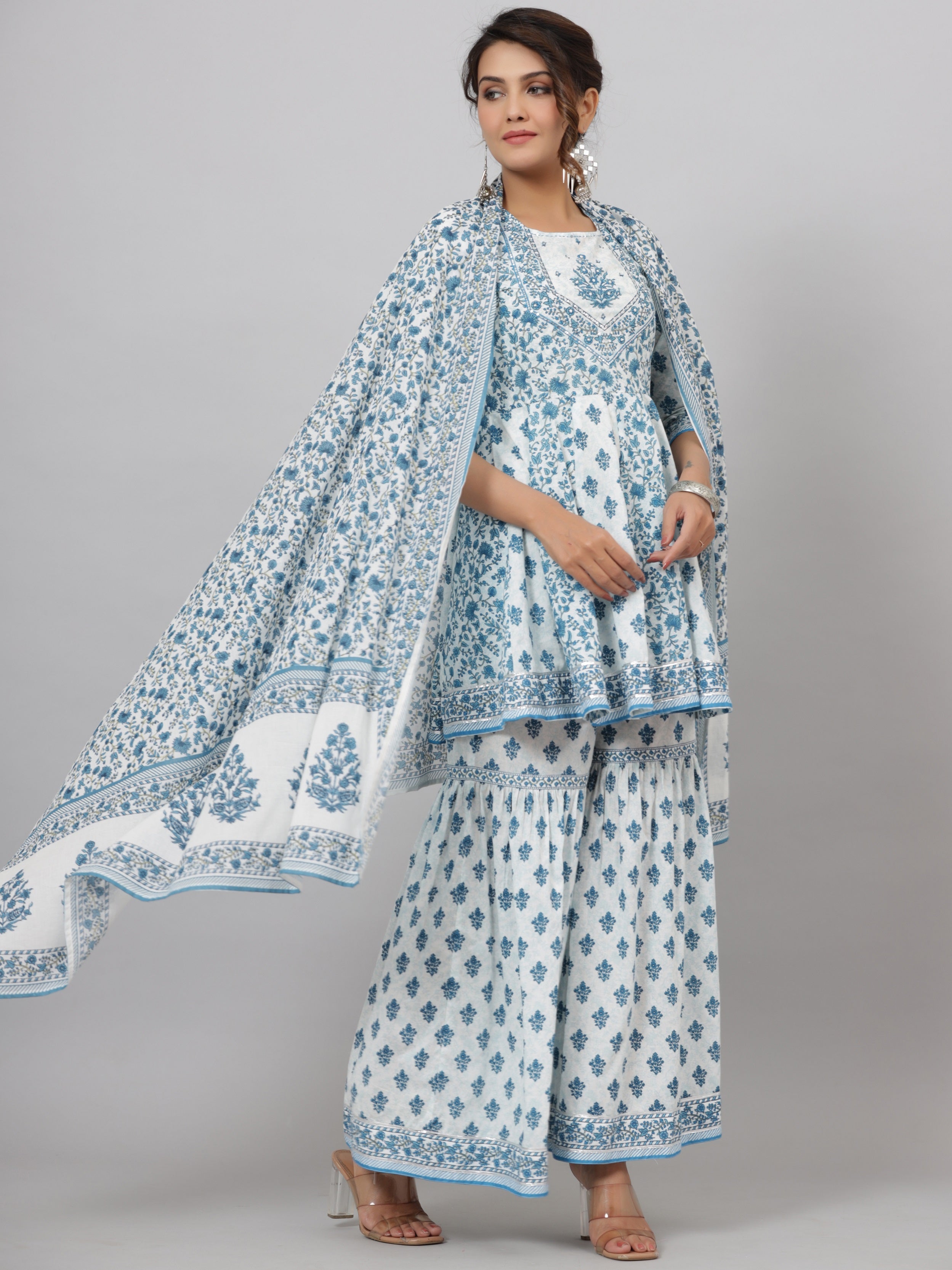 Juniper Women's Blue Cotton Cambric Floral Placement Printed Anarkali Kurta Sharara & Dupatta Set
