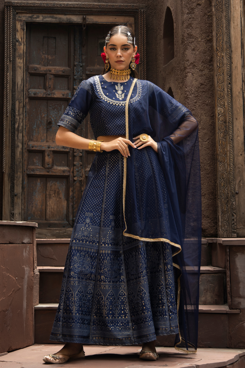 Juniper Navy Dull Sati Polyster Net Festive Embroidered Crop Lehenga Choli Dupatta For Women