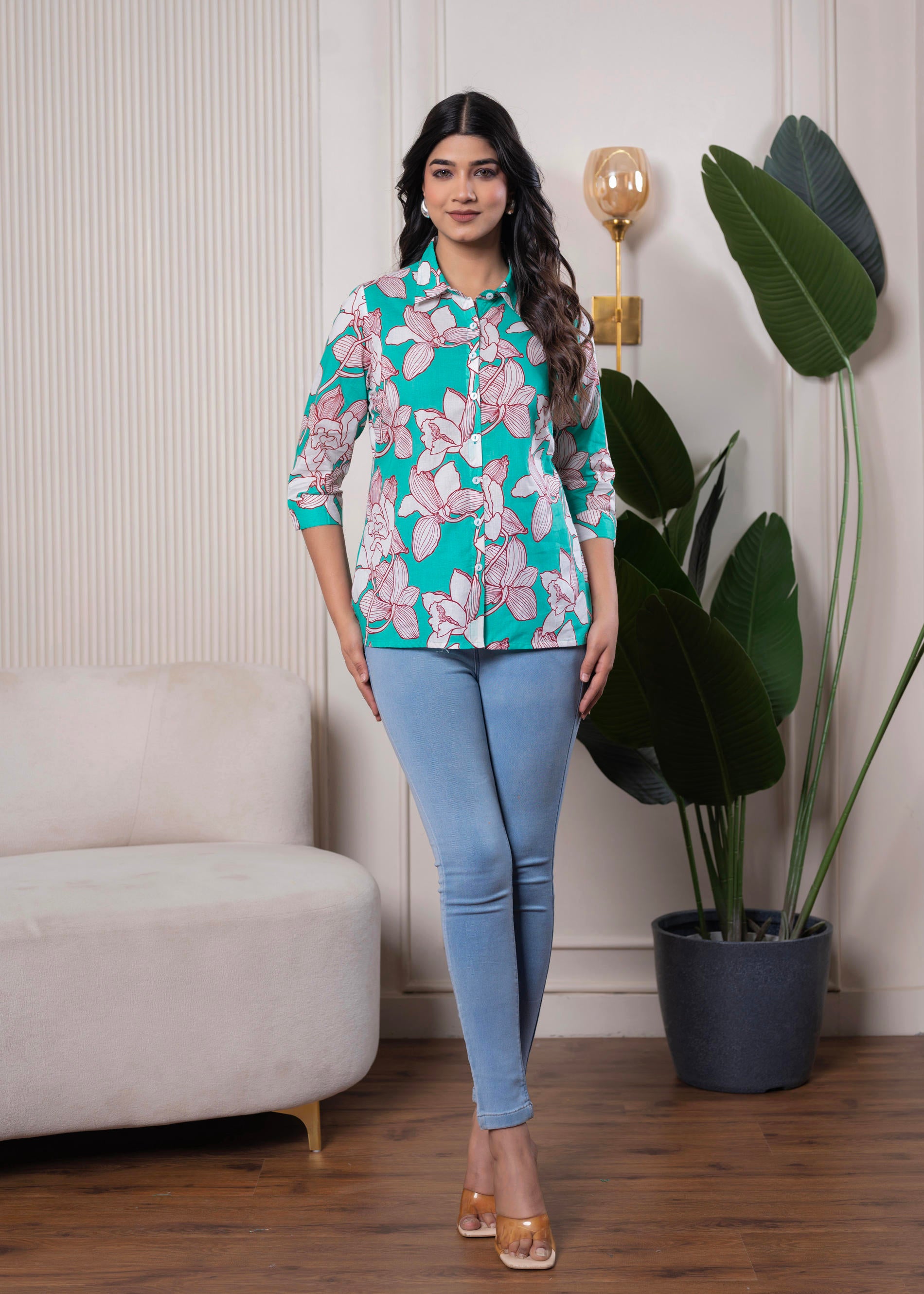 Lamora Turquoise Floral Button-Down Shirt