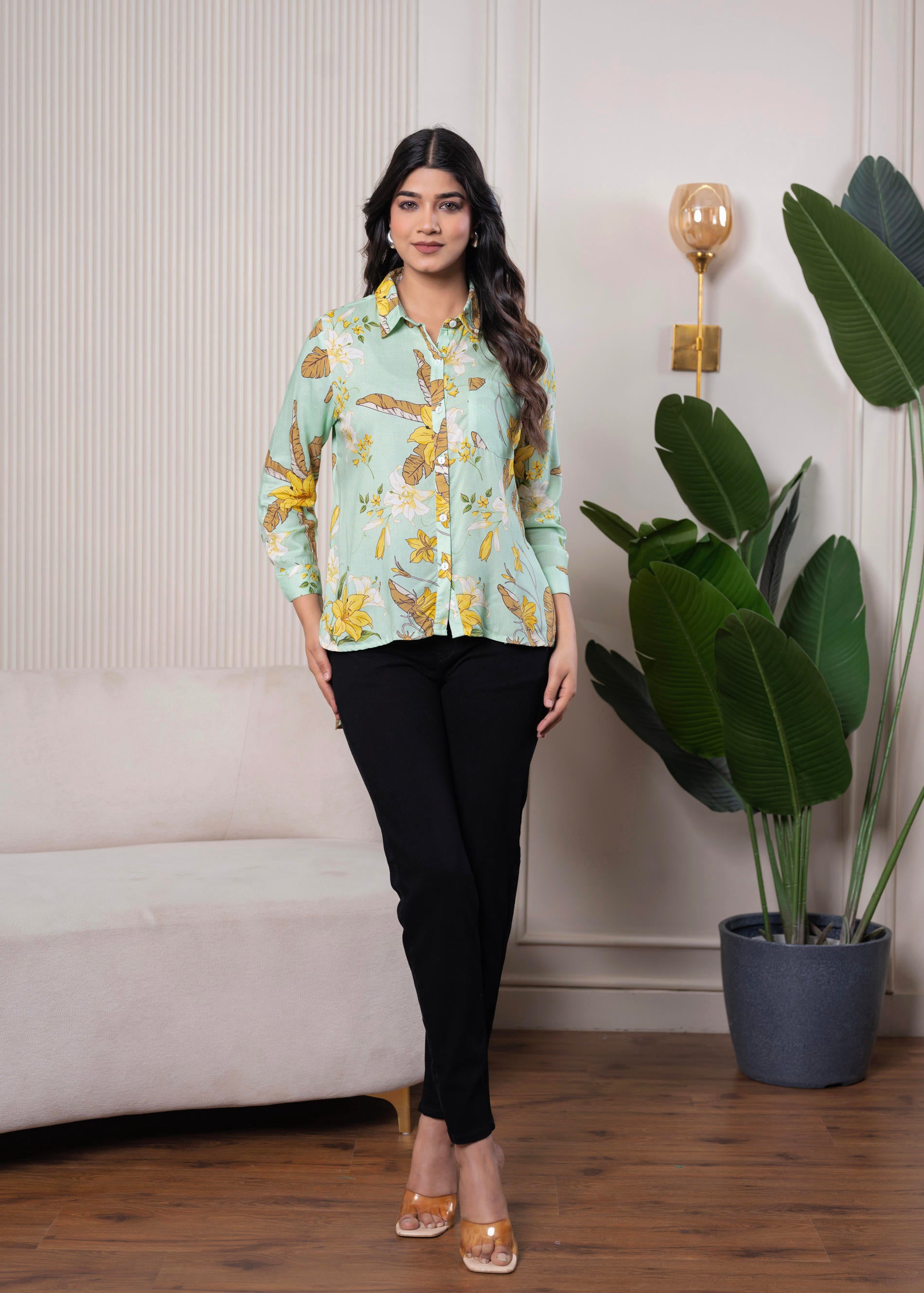 Lamora Mint Green Floral Print Long Sleeve Button-Down Shirt