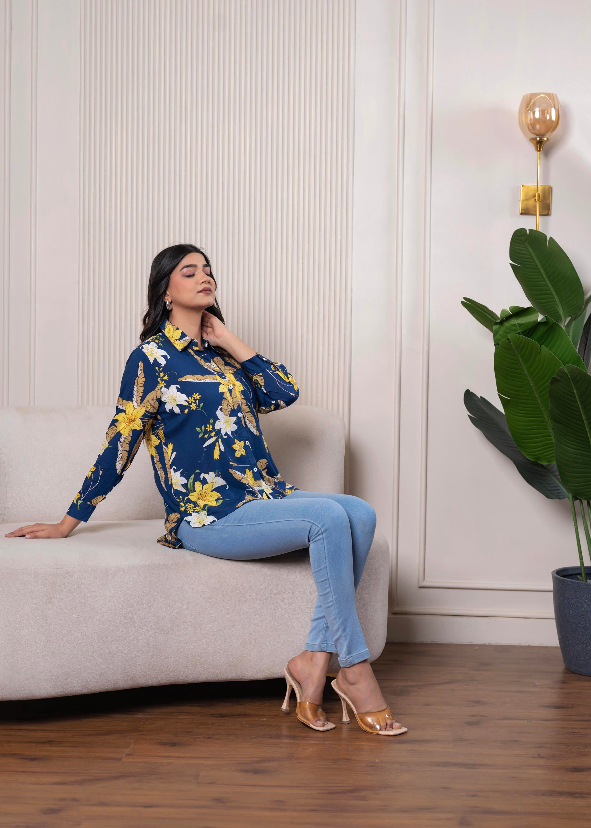 Lamora Navy Blue Floral Print Long Sleeve Button-Down Shirt