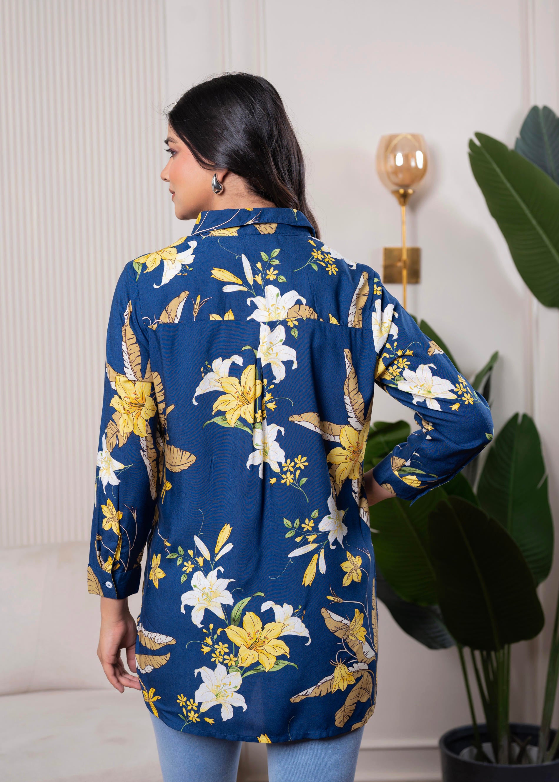 Lamora Navy Blue Floral Print Long Sleeve Button-Down Shirt