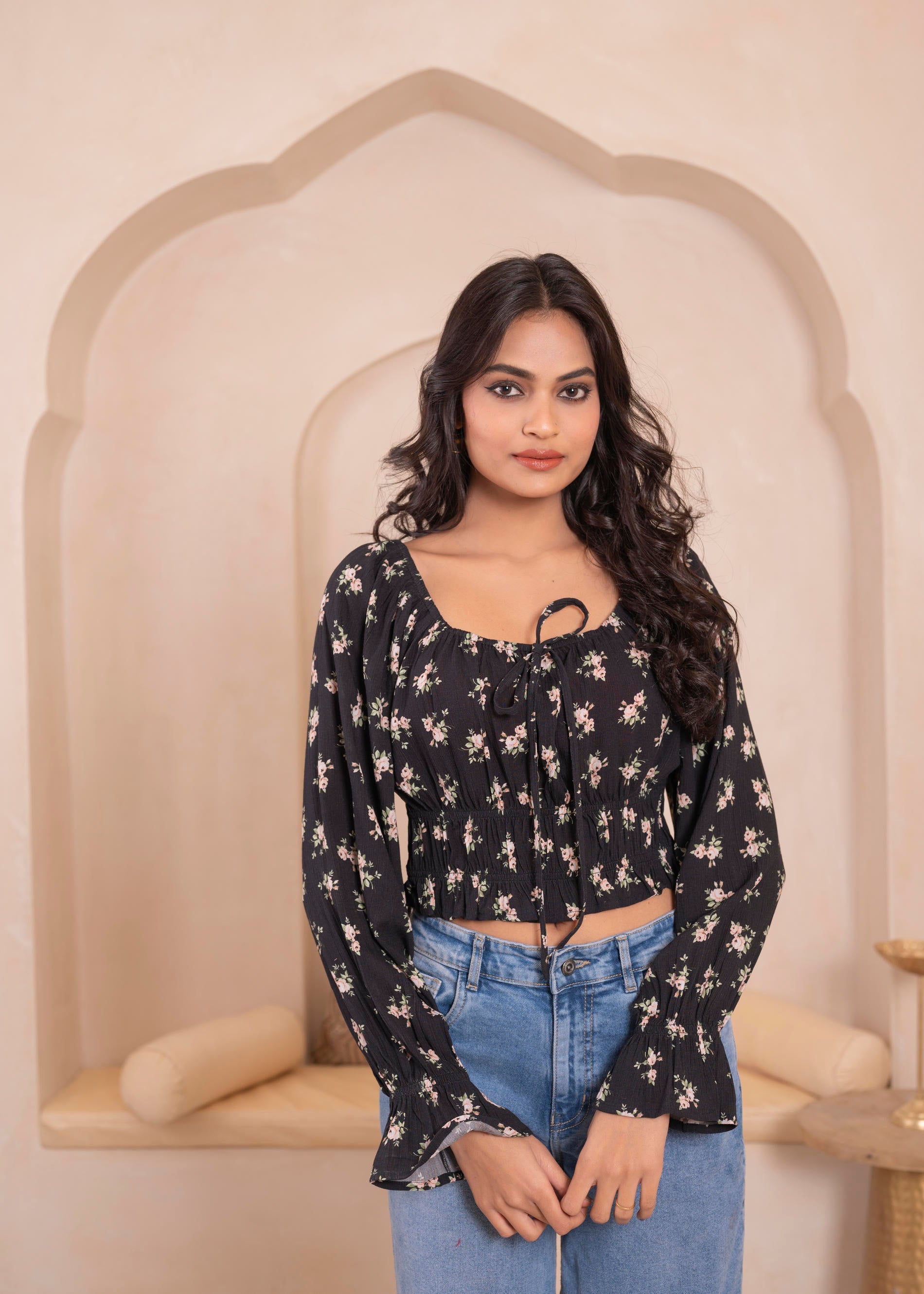 Lamora Black Floral Smocked Crop Top