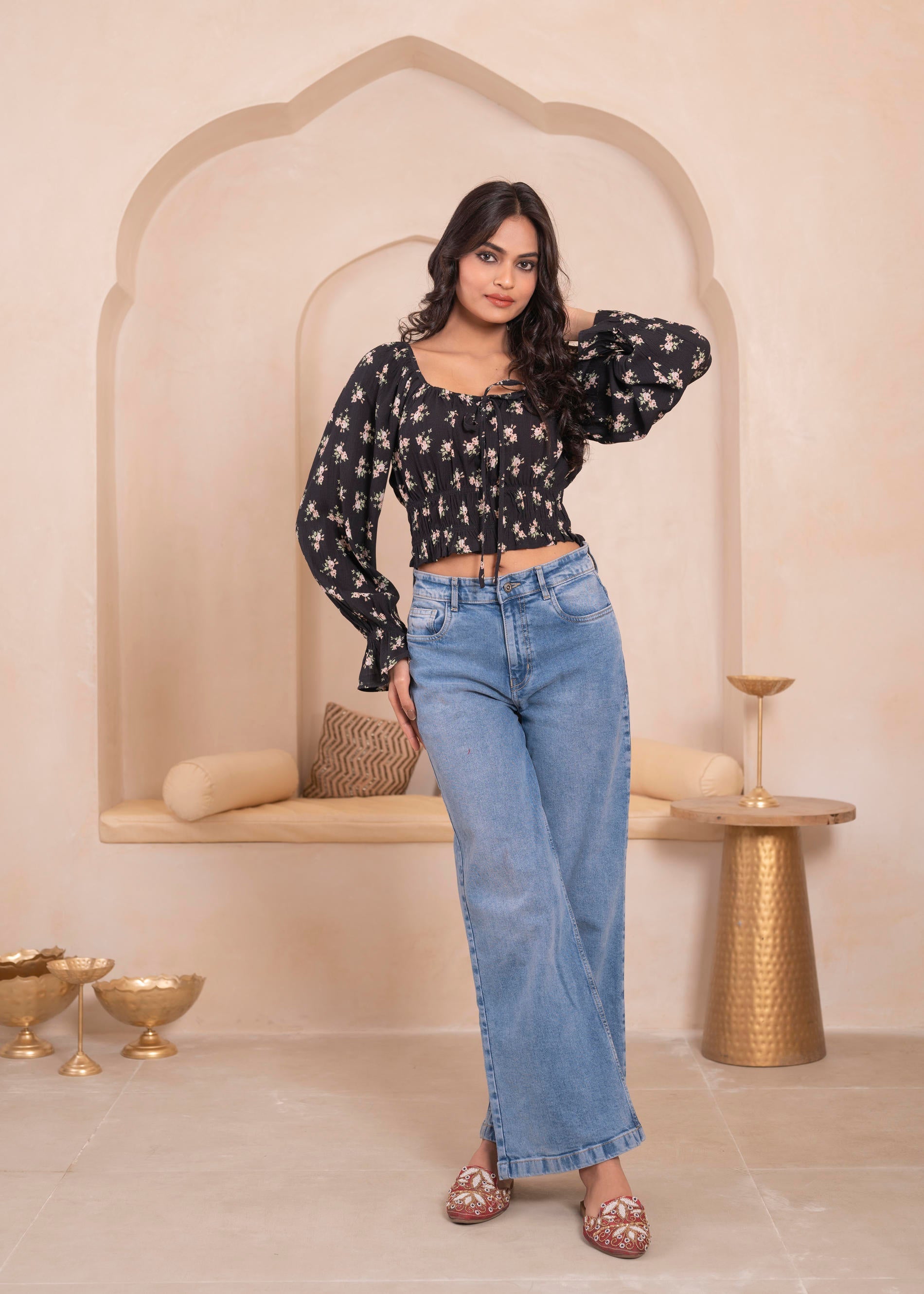 Lamora Black Floral Smocked Crop Top