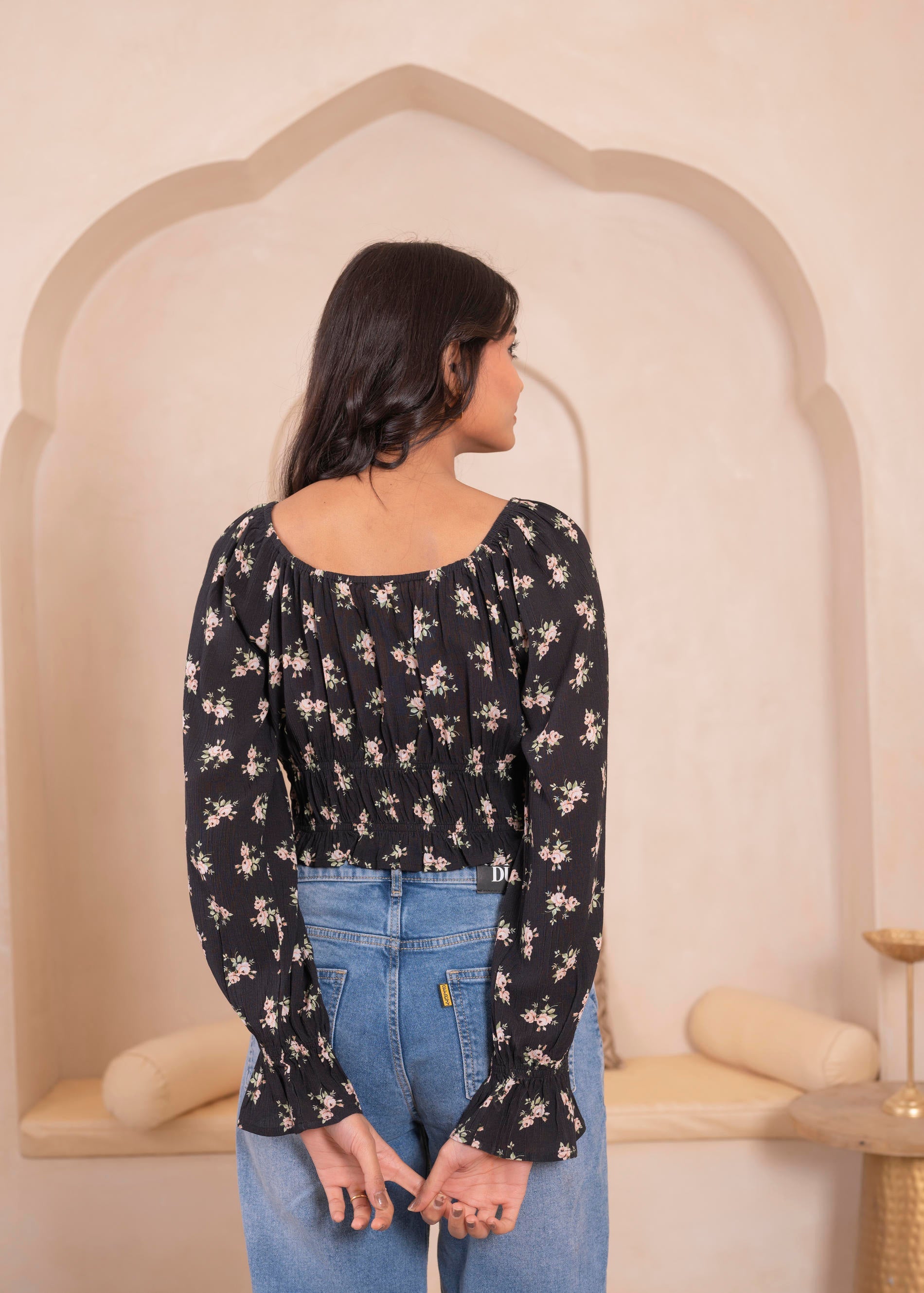 Lamora Black Floral Smocked Crop Top