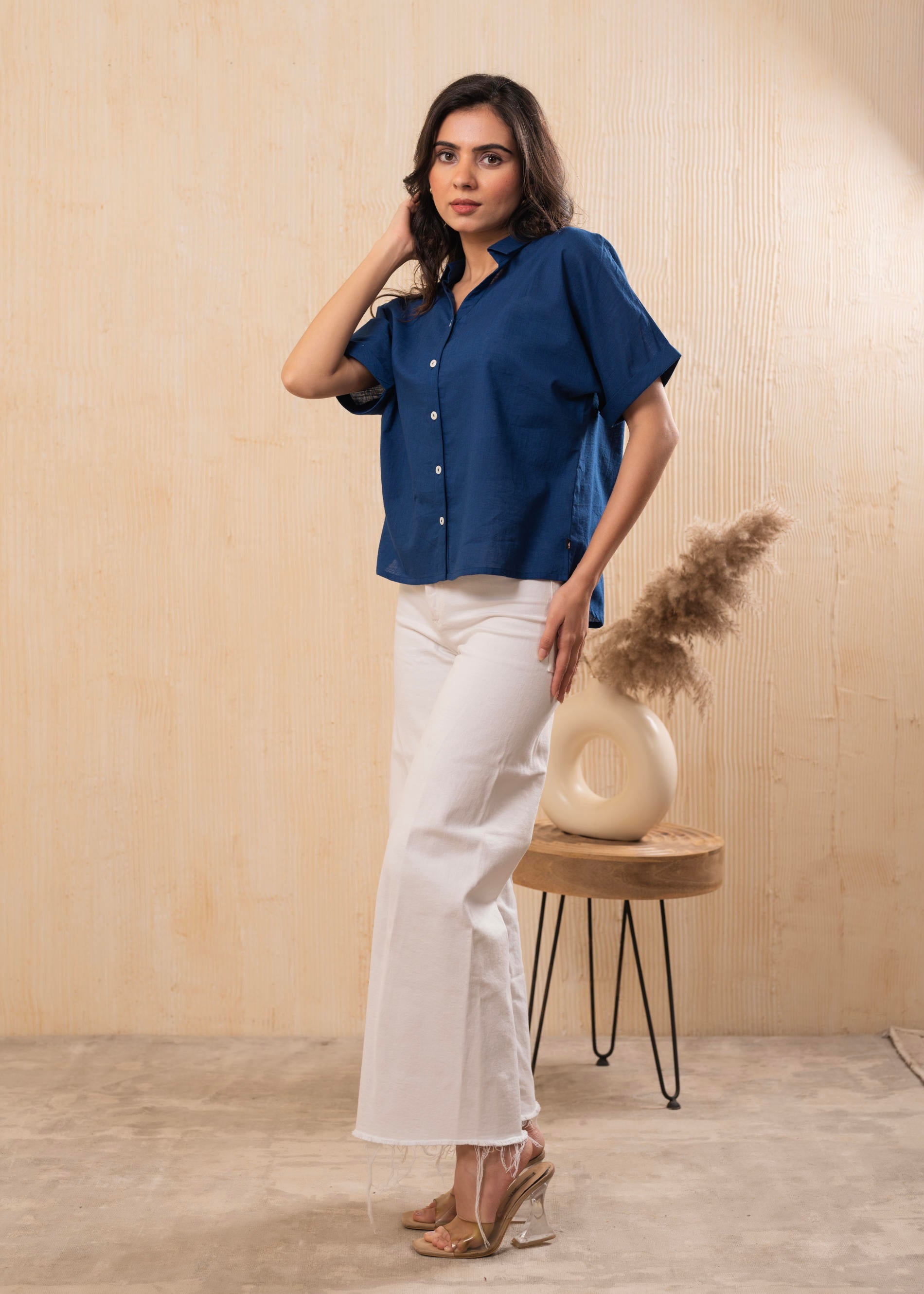 Lamora Teal Blue Oversized Boxy Shirt with Front Button Closure