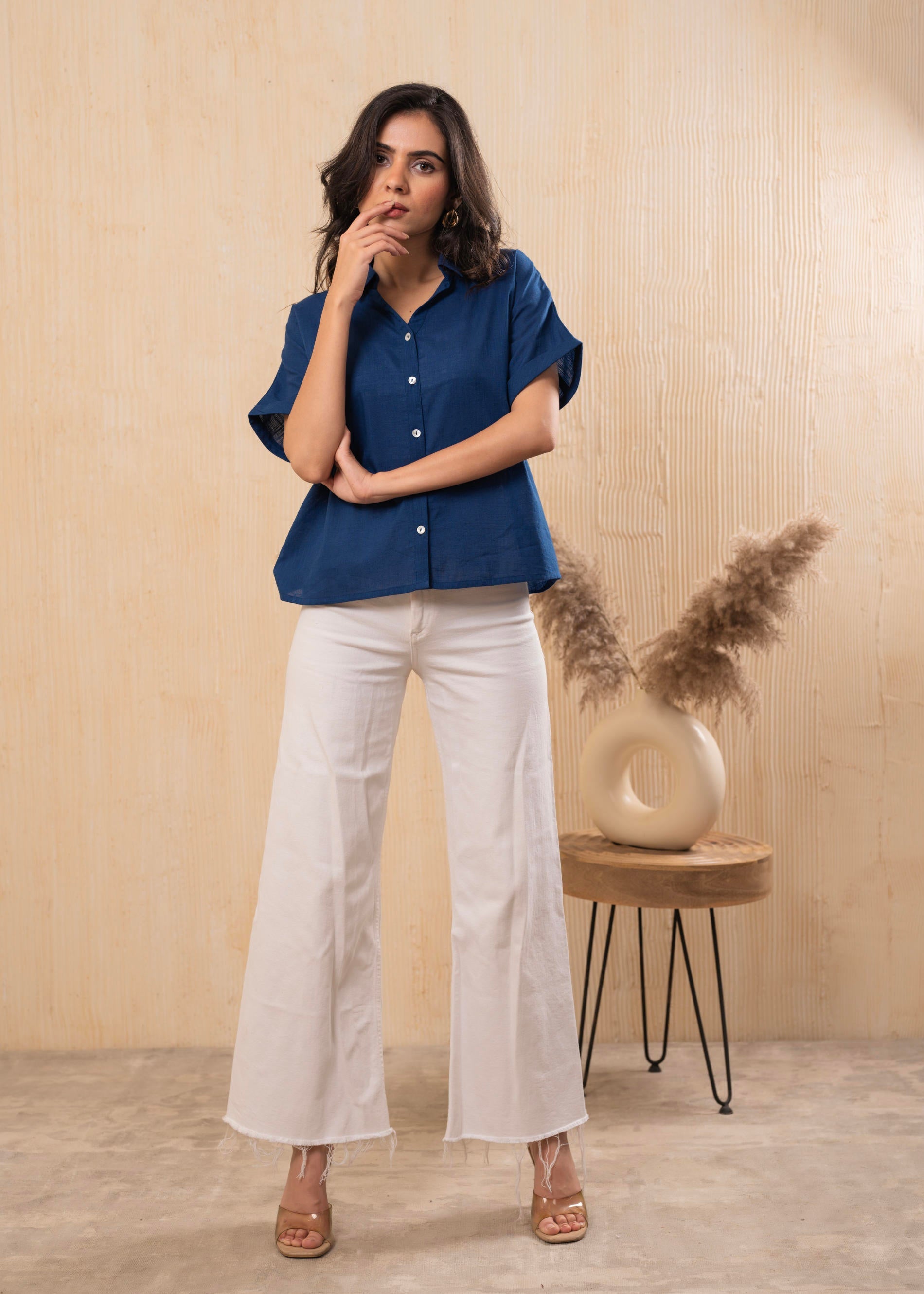 Lamora Teal Blue Oversized Boxy Shirt with Front Button Closure