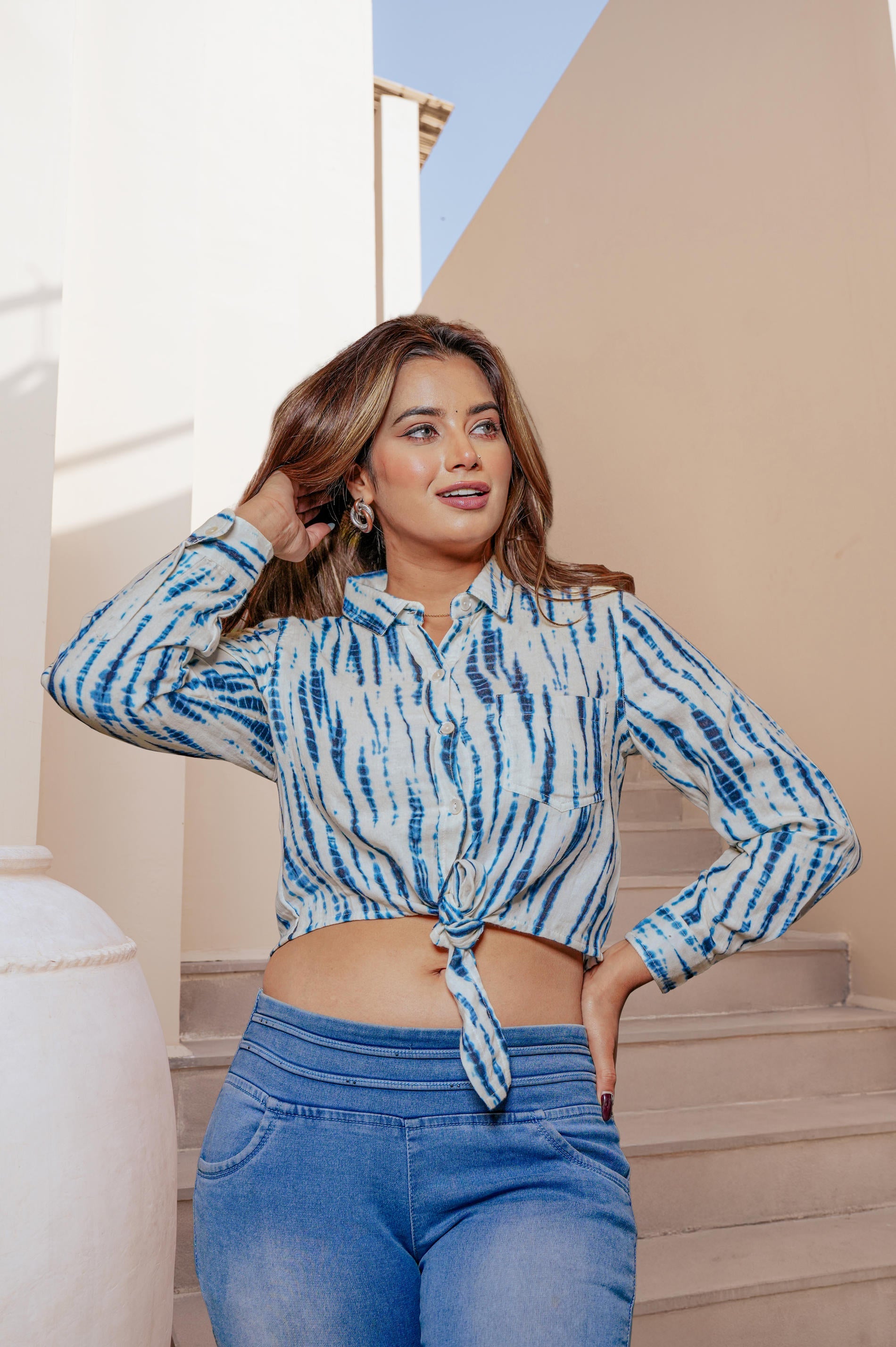 Lamora Indigo Blue & White Tie-Dye Striped Shirt Crop Top with Front Knot