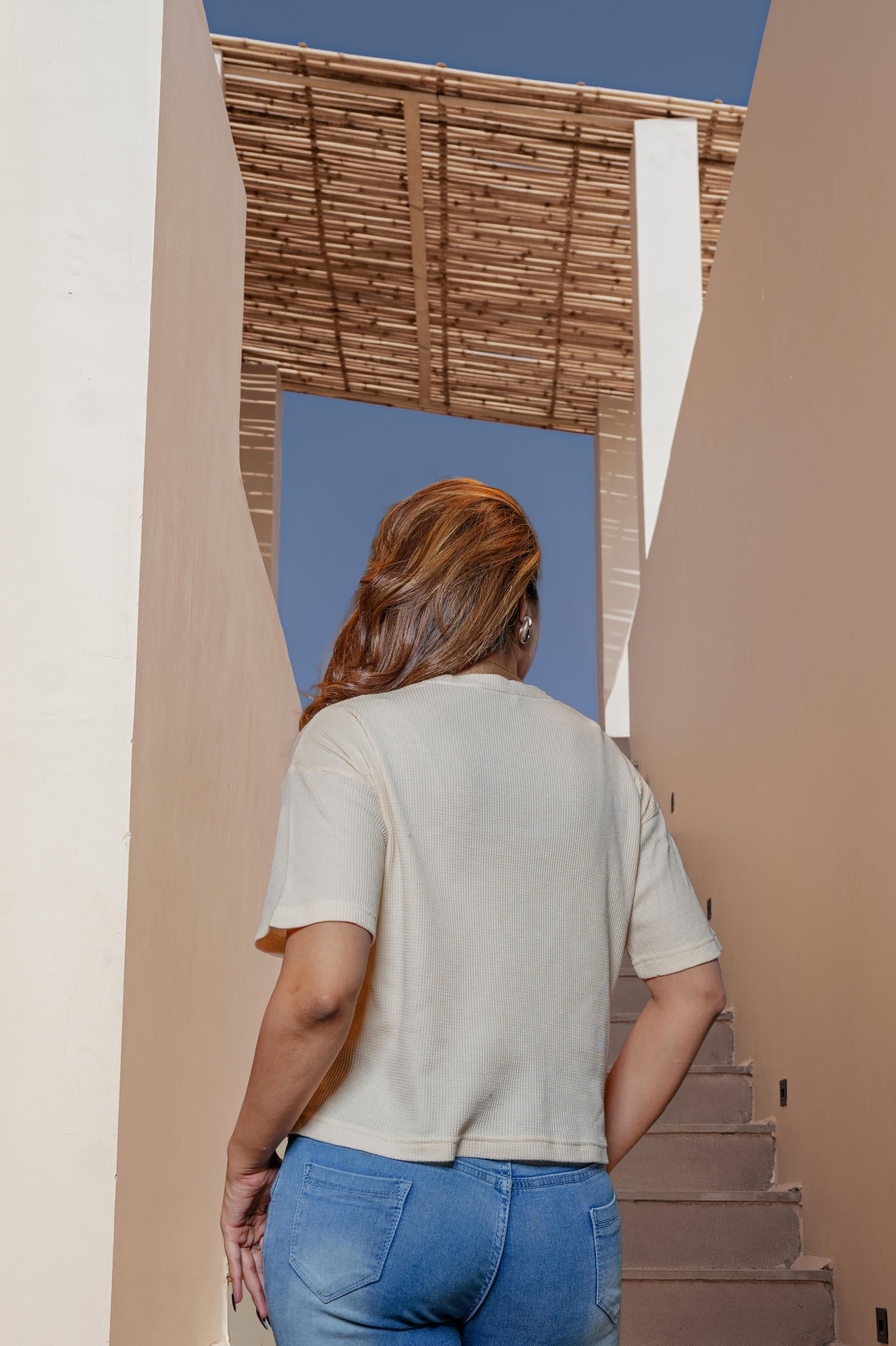 Lamora Beige Textured Boxy T-Shirt with Relaxed Drop Shoulders