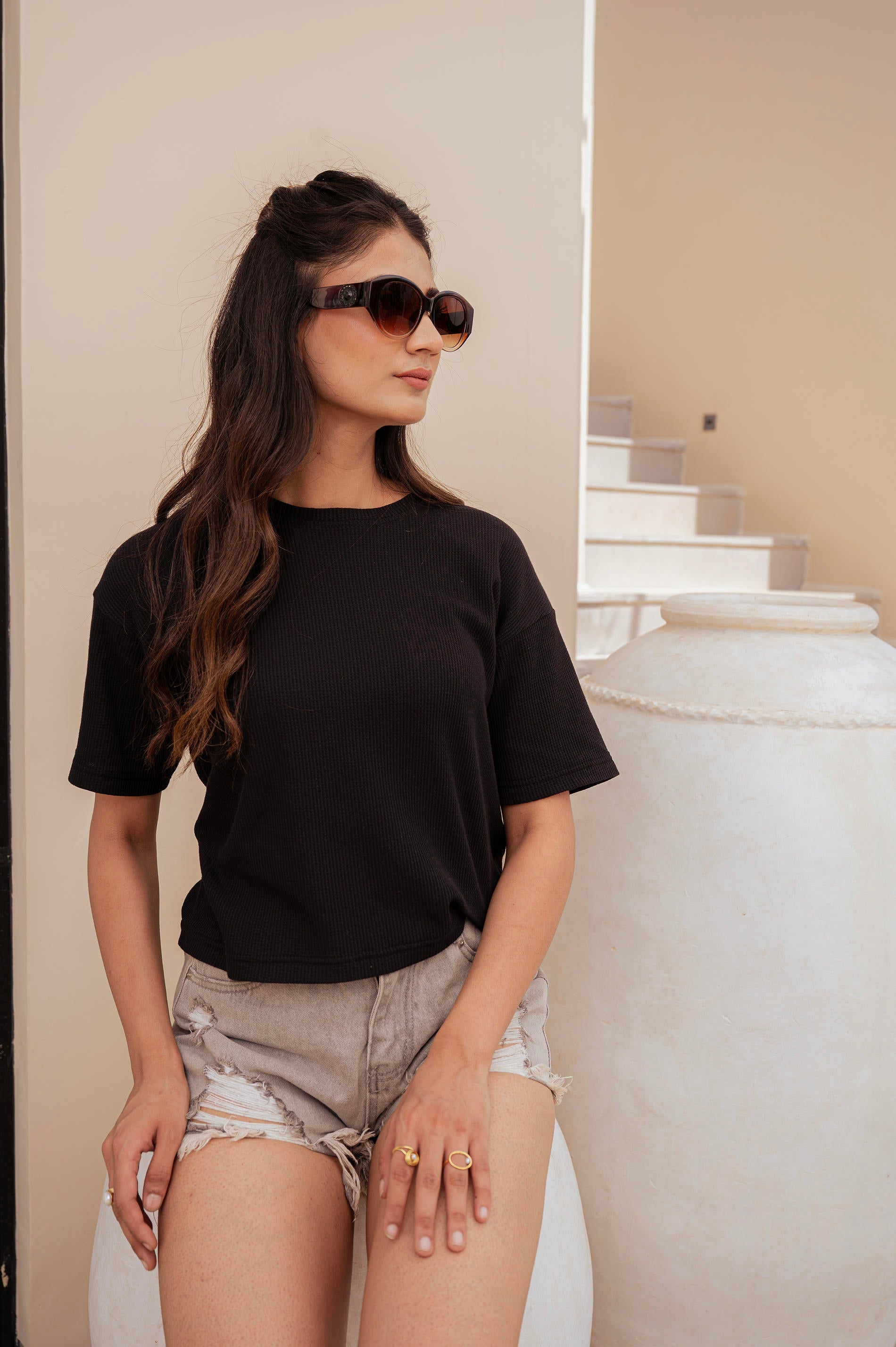 Lamora Black Textured Boxy T-Shirt with Relaxed Drop Shoulders