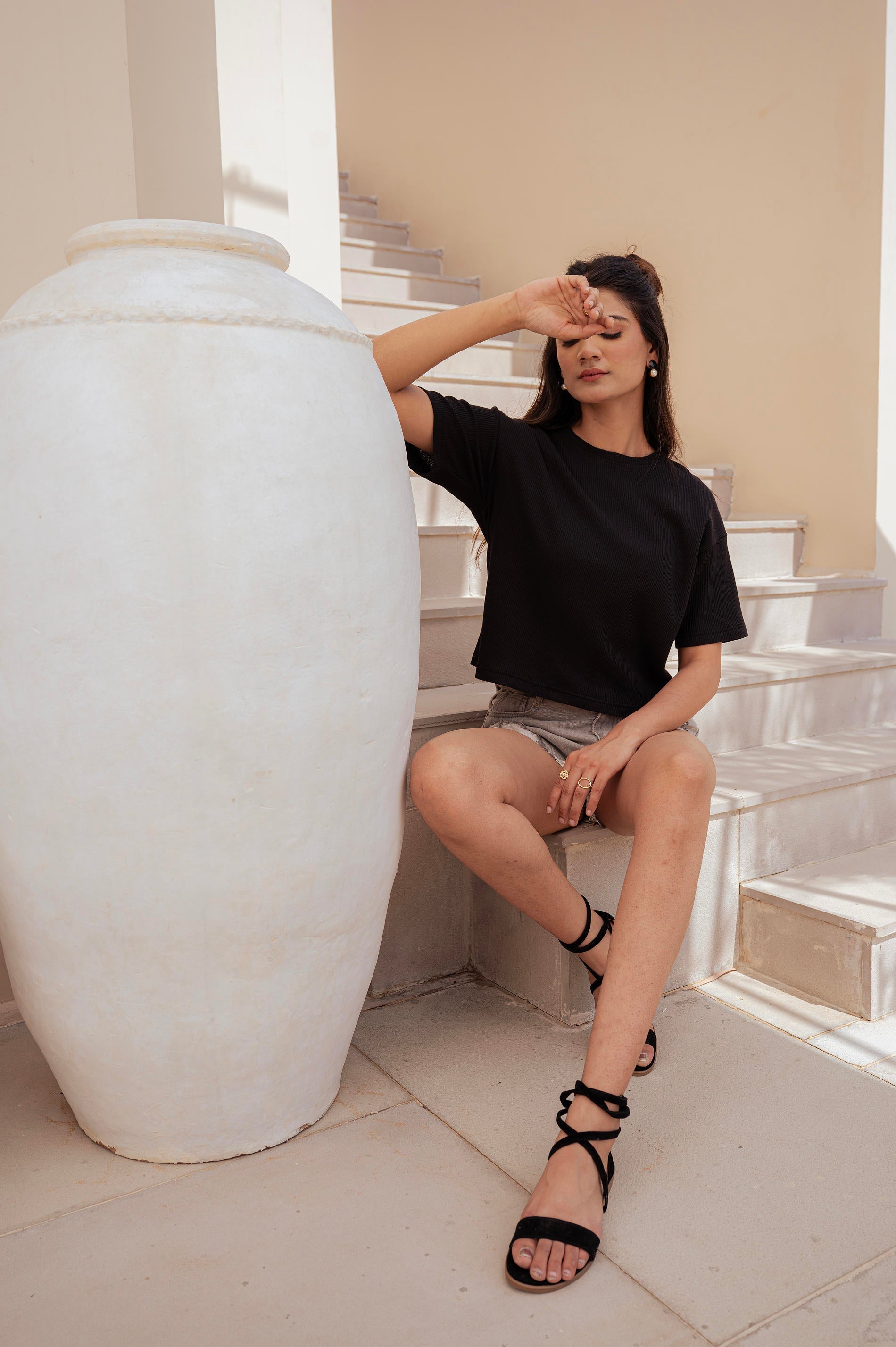 Lamora Black Textured Boxy T-Shirt with Relaxed Drop Shoulders