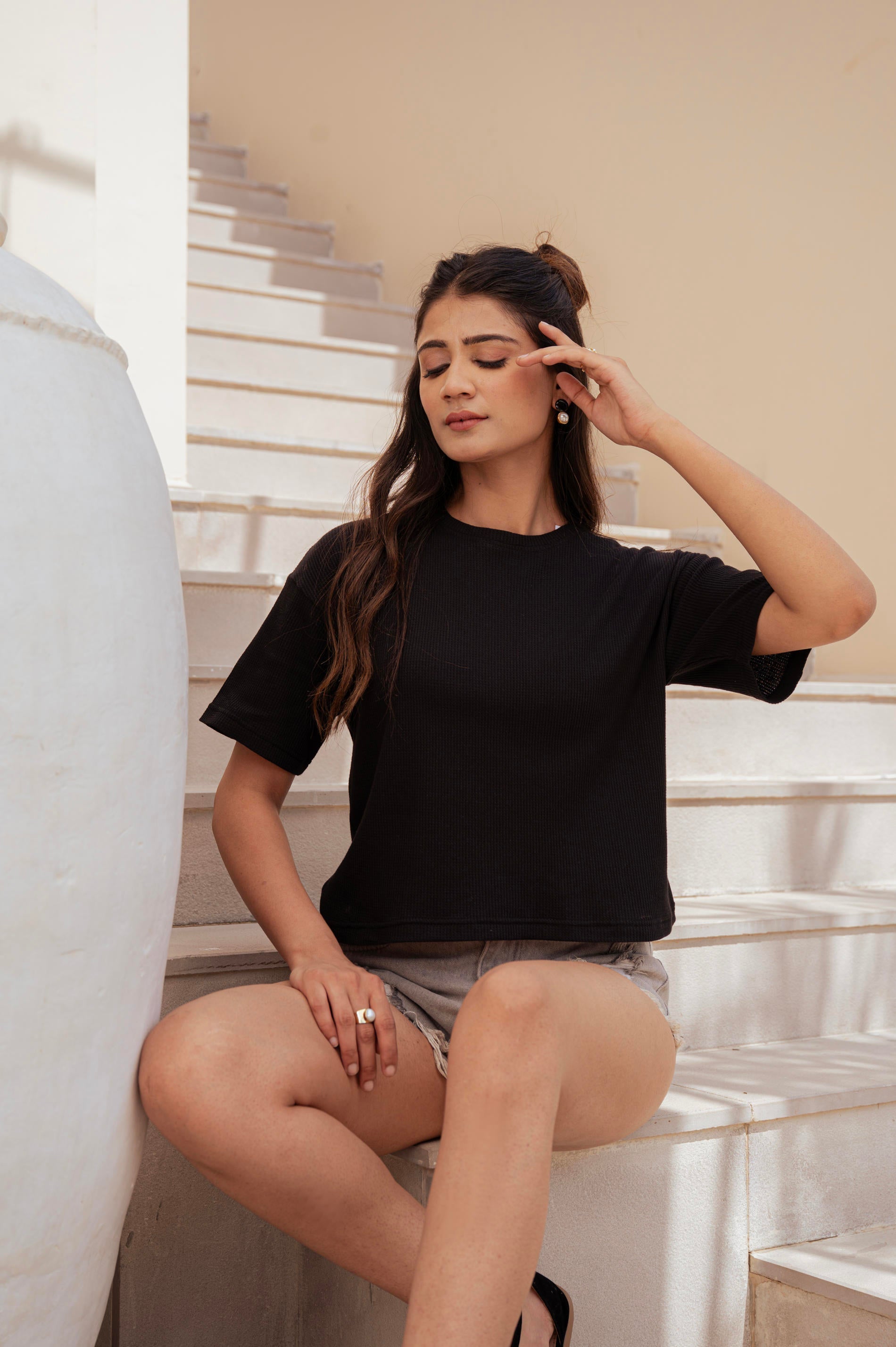 Lamora Black Textured Boxy T-Shirt with Relaxed Drop Shoulders