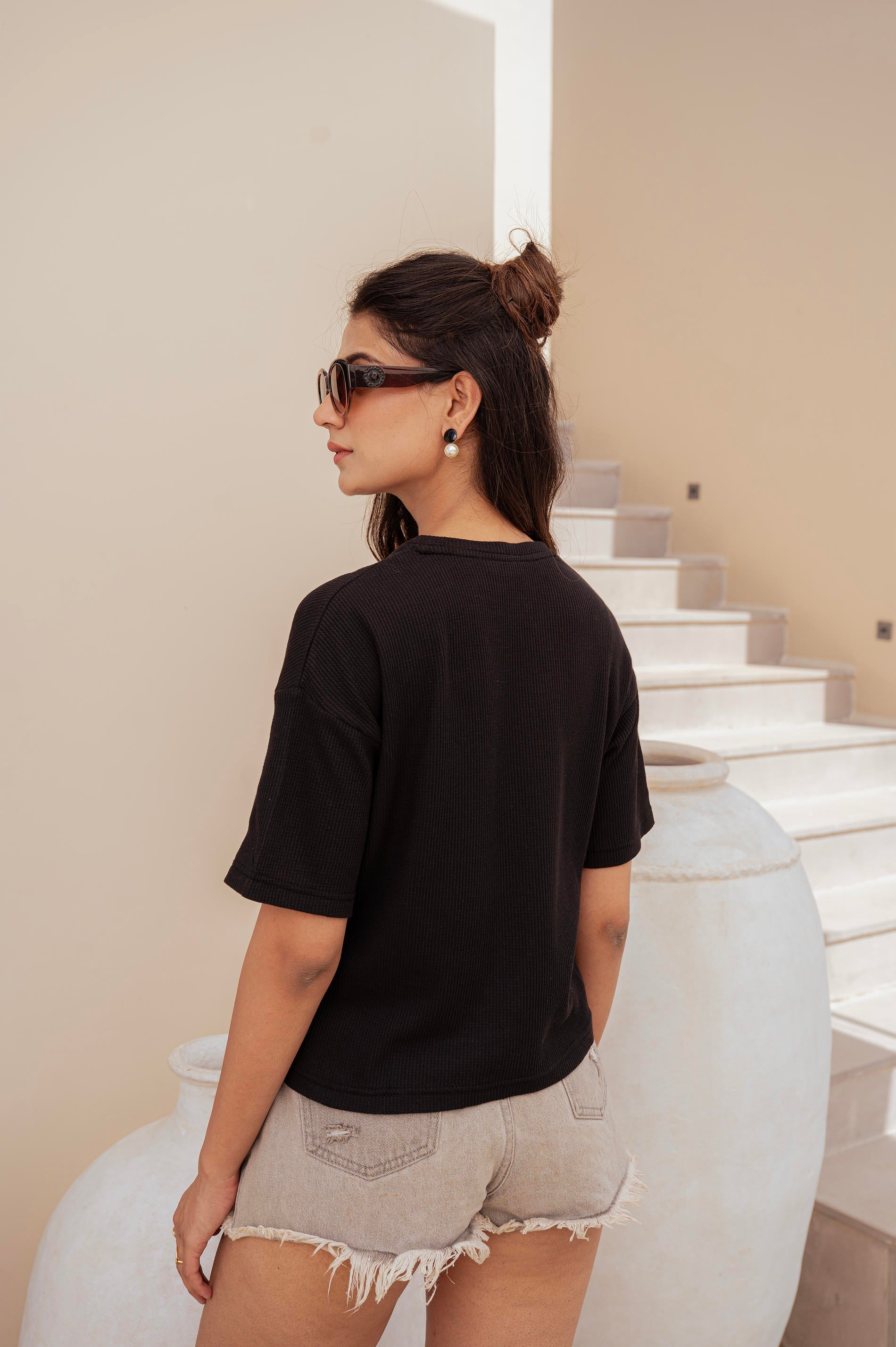 Lamora Black Textured Boxy T-Shirt with Relaxed Drop Shoulders