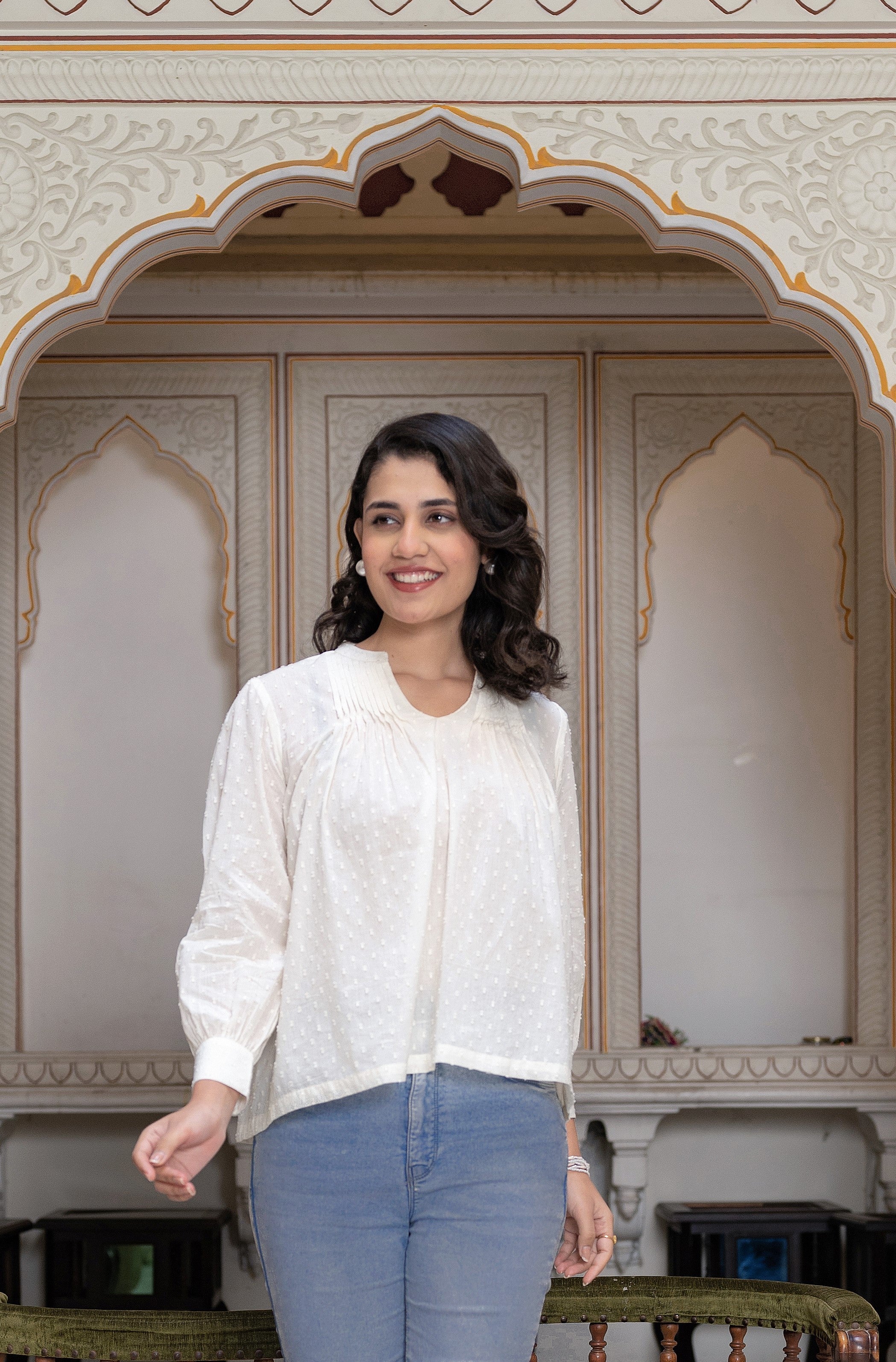 White Textured Dobby Weave Casual Top with Balloon Sleeves