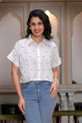 White, Heart-Patterned Short Sleeve Casual Shirt for Women