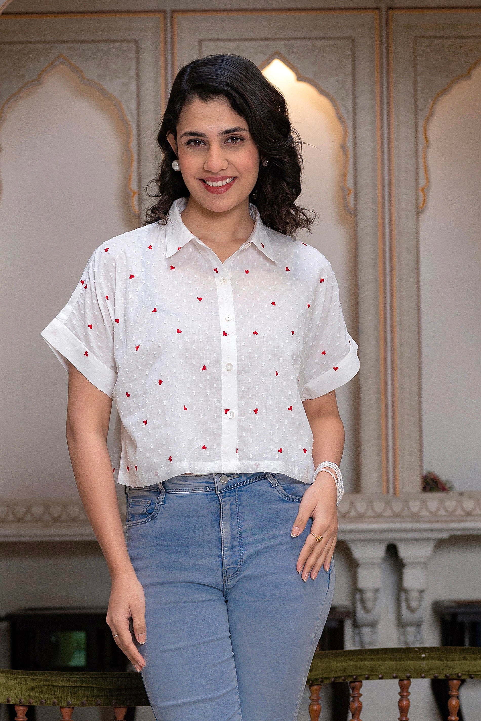 White, Heart-Patterned Short Sleeve Casual Shirt for Women