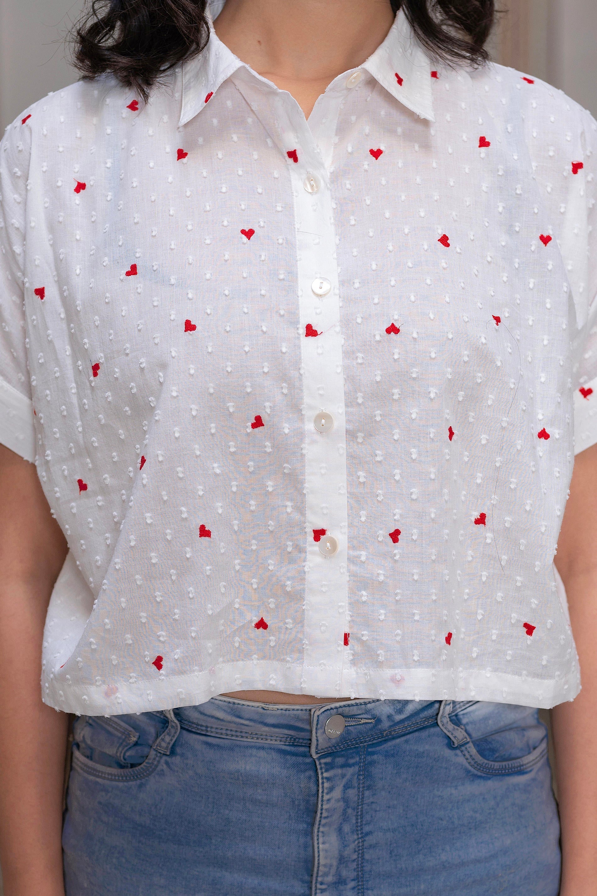 White, Heart-Patterned Short Sleeve Casual Shirt for Women