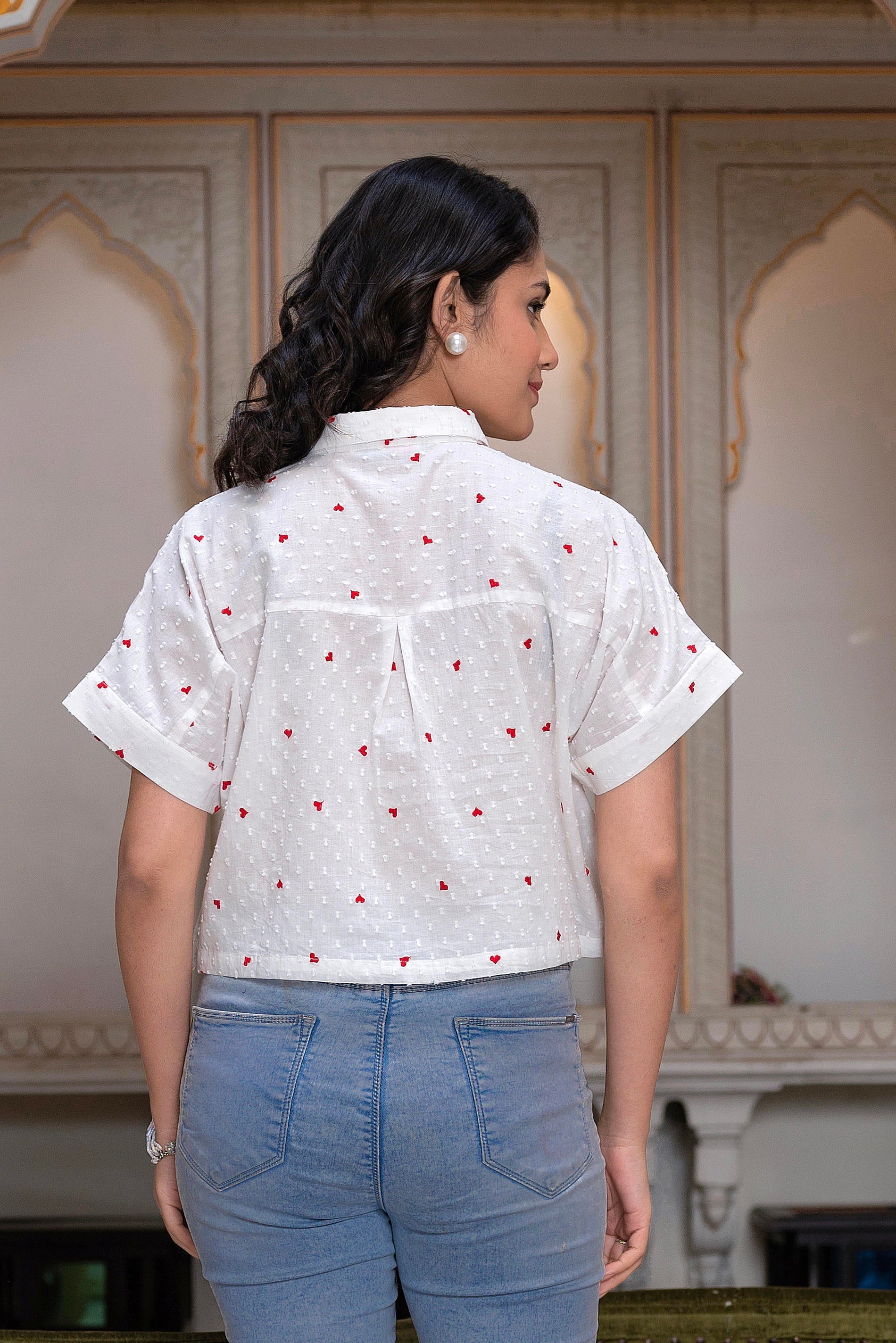 White, Heart-Patterned Short Sleeve Casual Shirt for Women