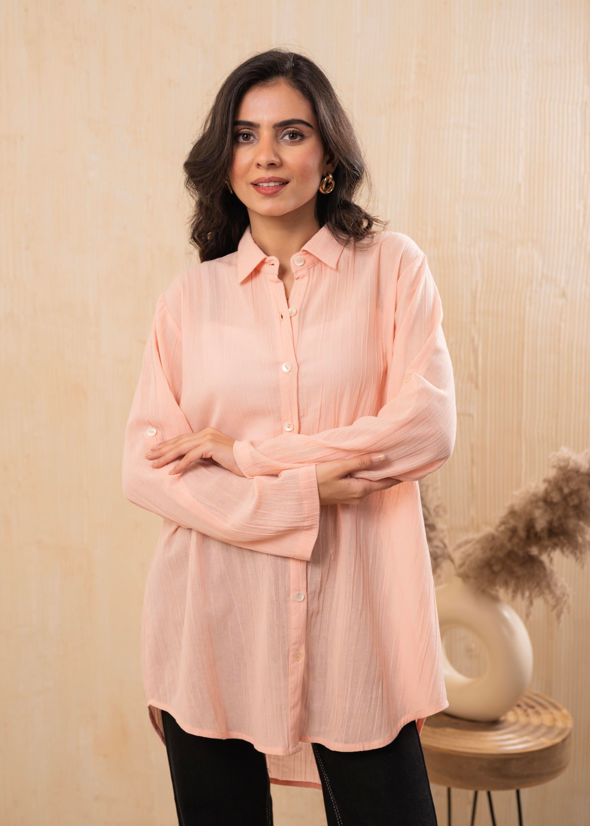Lamora Soft Peach Oversized Relaxed Shirt Tunic