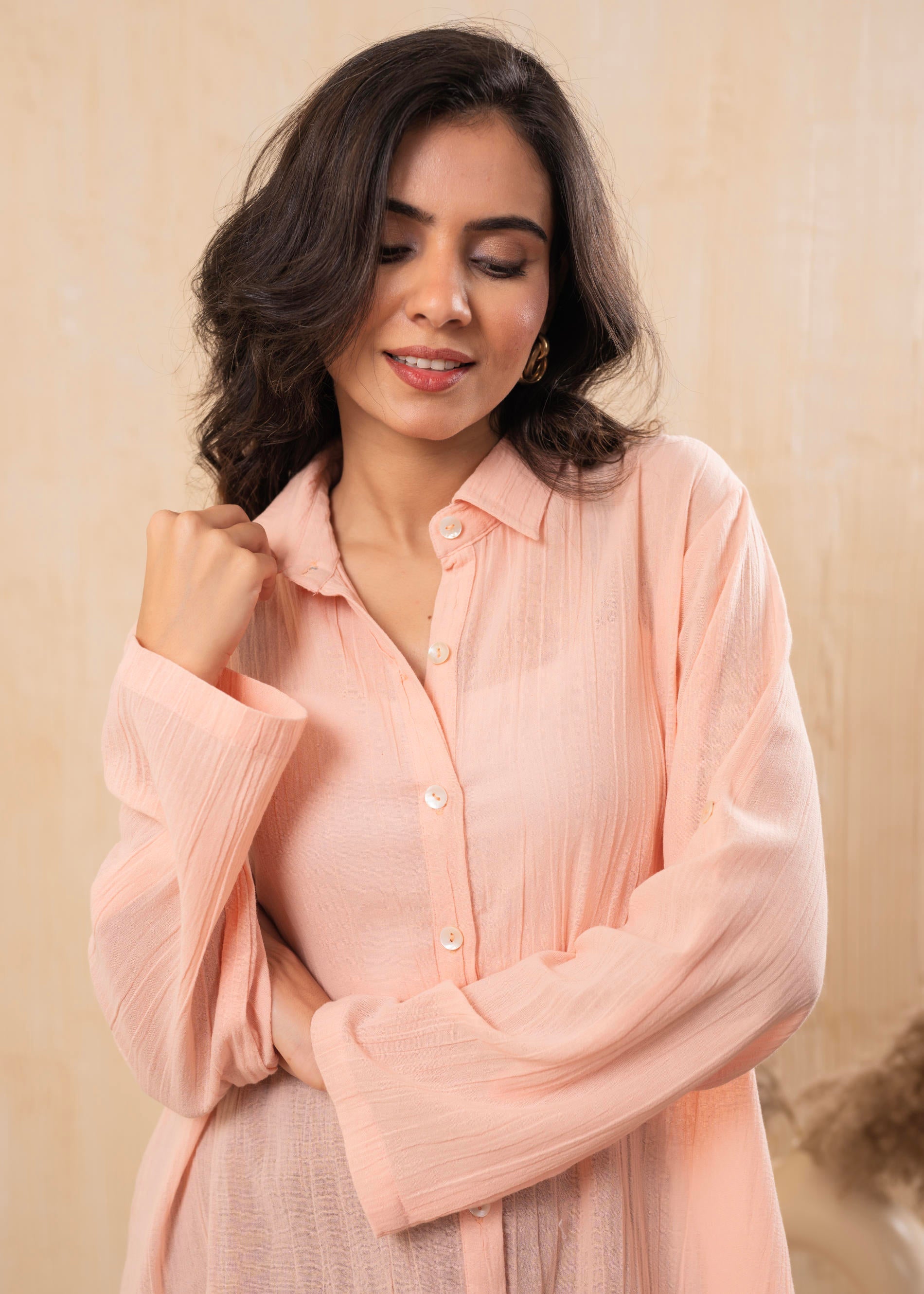 Lamora Soft Peach Oversized Relaxed Shirt Tunic