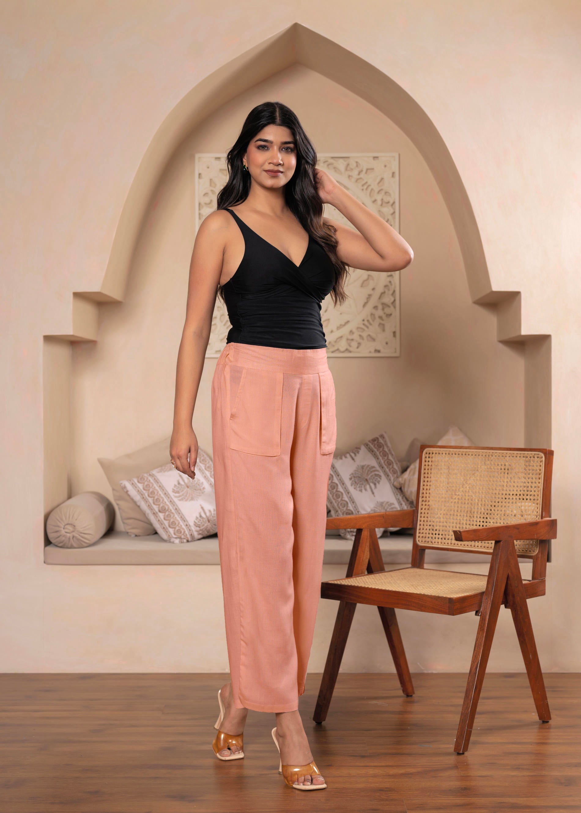 Lamora Women’s Peach Wide-Leg palazzo with utility pockets