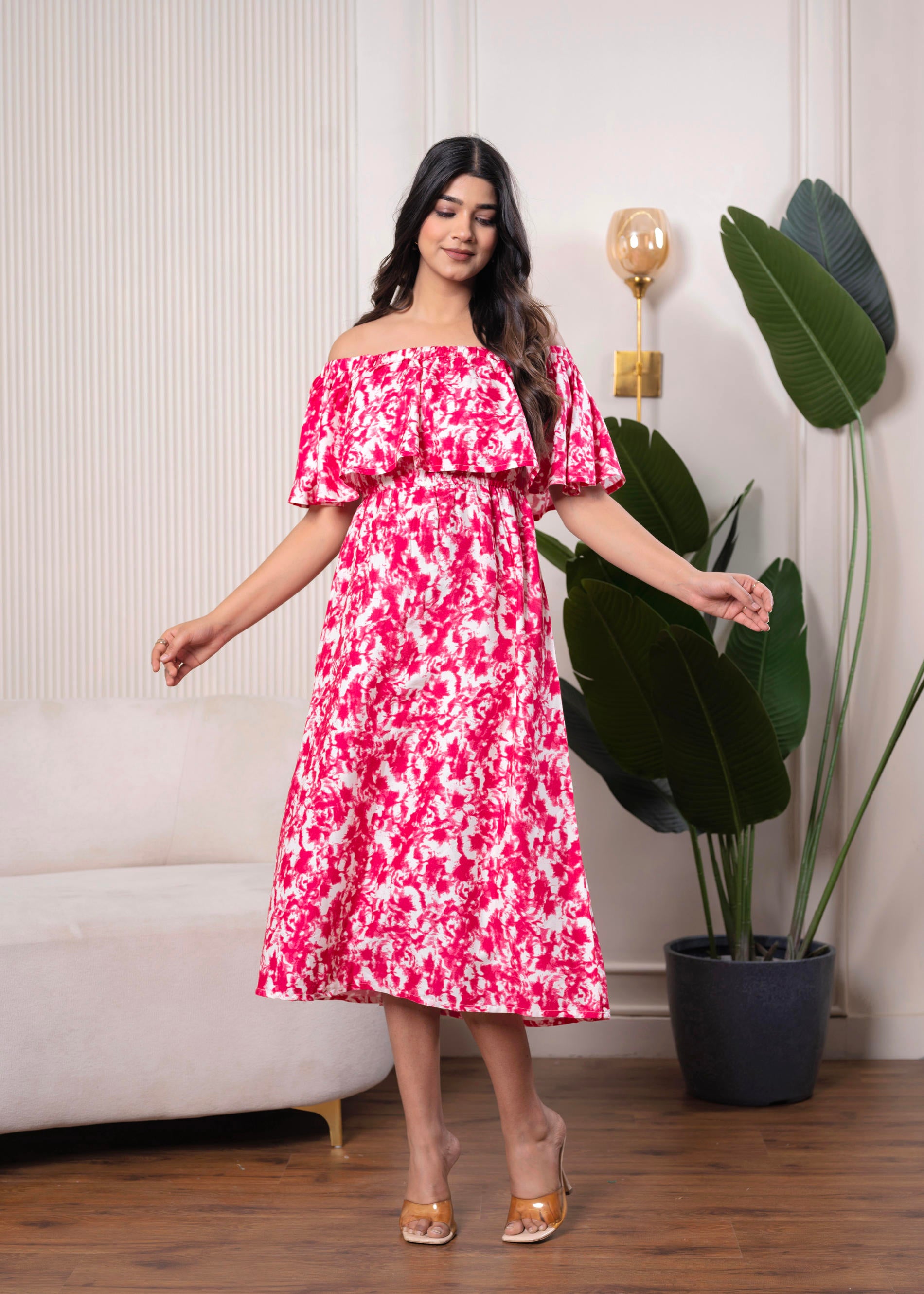Lamora Pink & White Off-Shoulder Ruffle Midi Dress