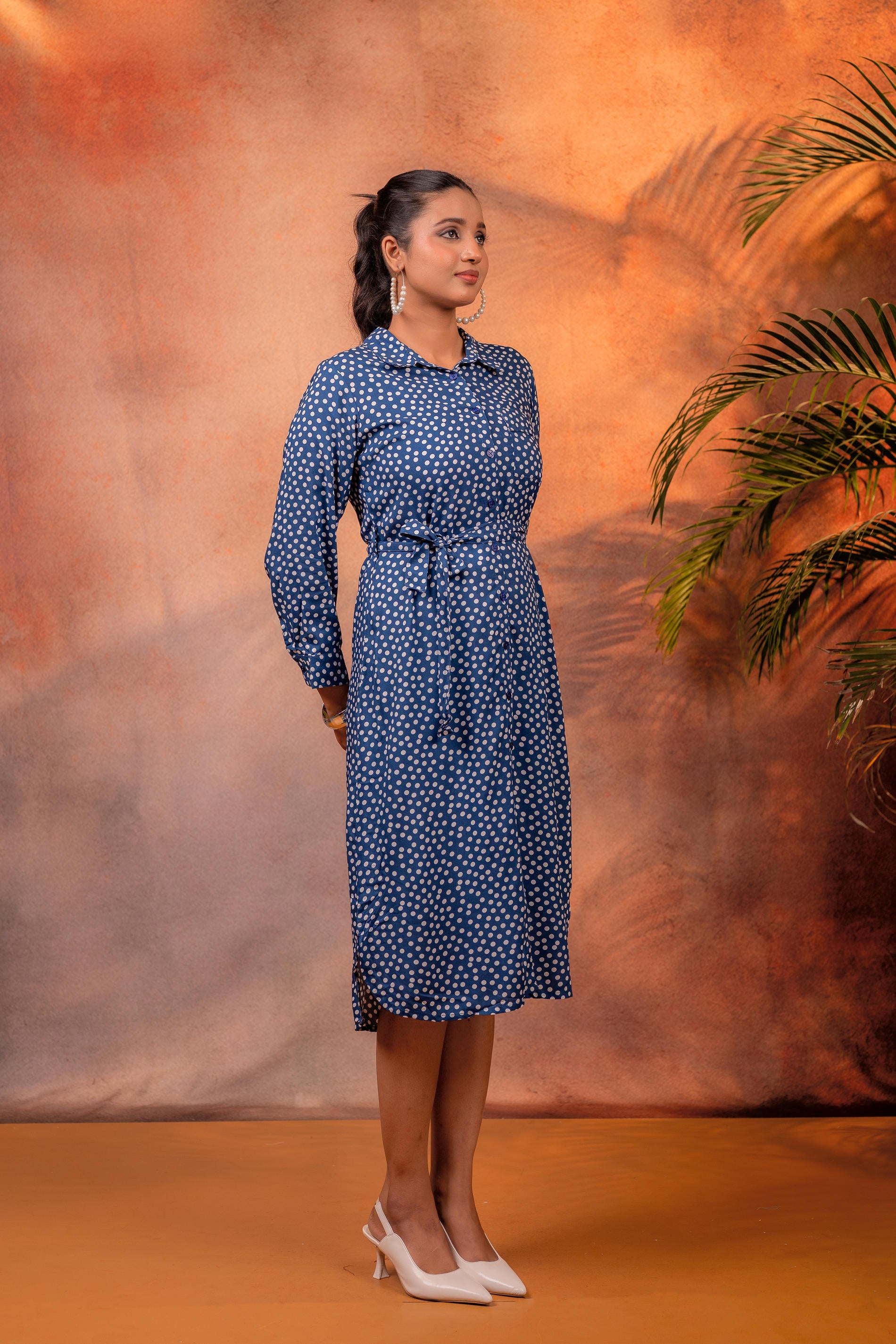 Lamora Navy Blue Polka Dot Shirt Dress with Waist Tie