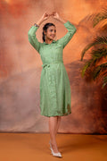 Lamora Green Polka Dot Shirt Dress with Waist Tie