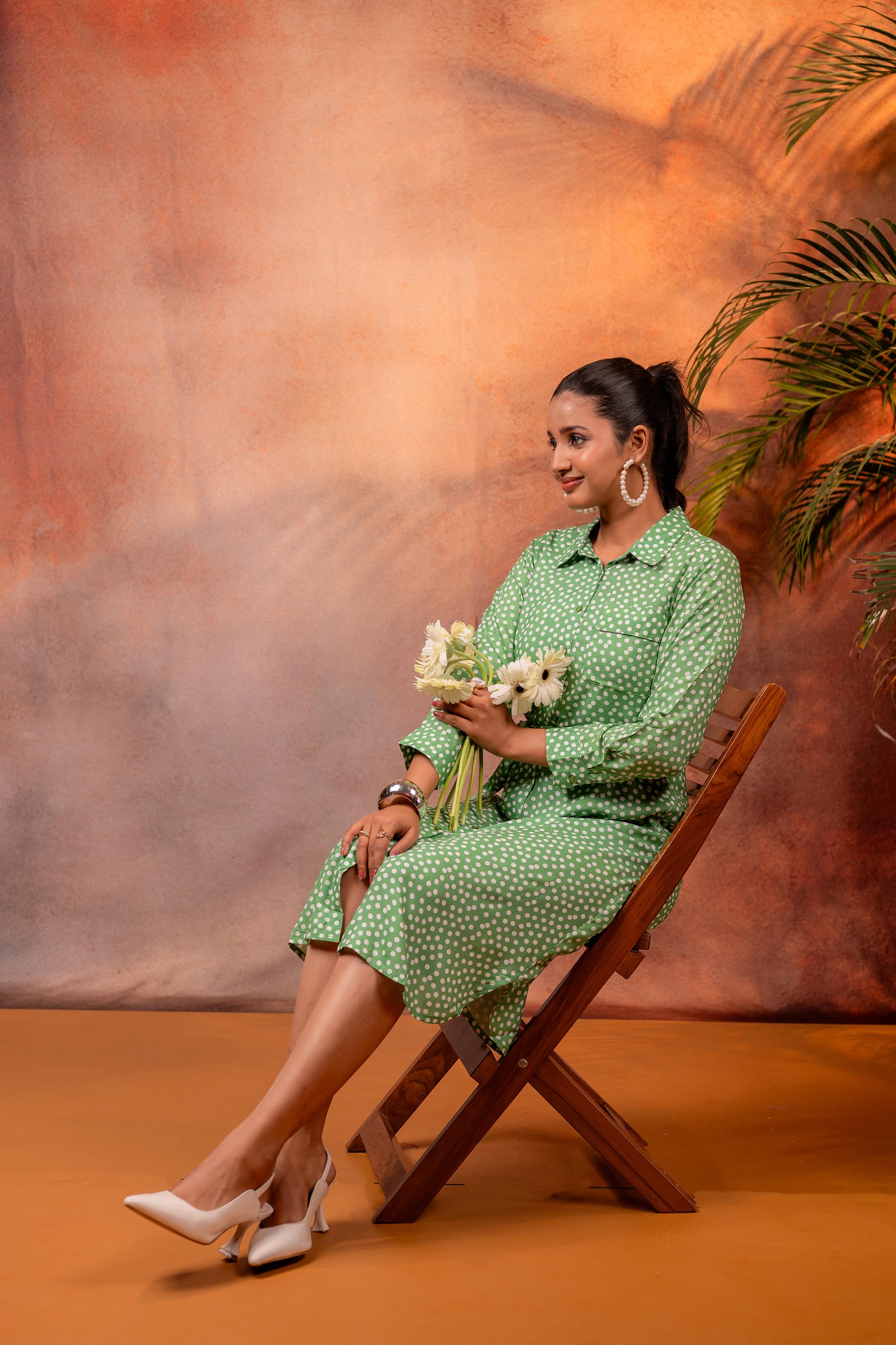 Lamora Green Polka Dot Shirt Dress with Waist Tie