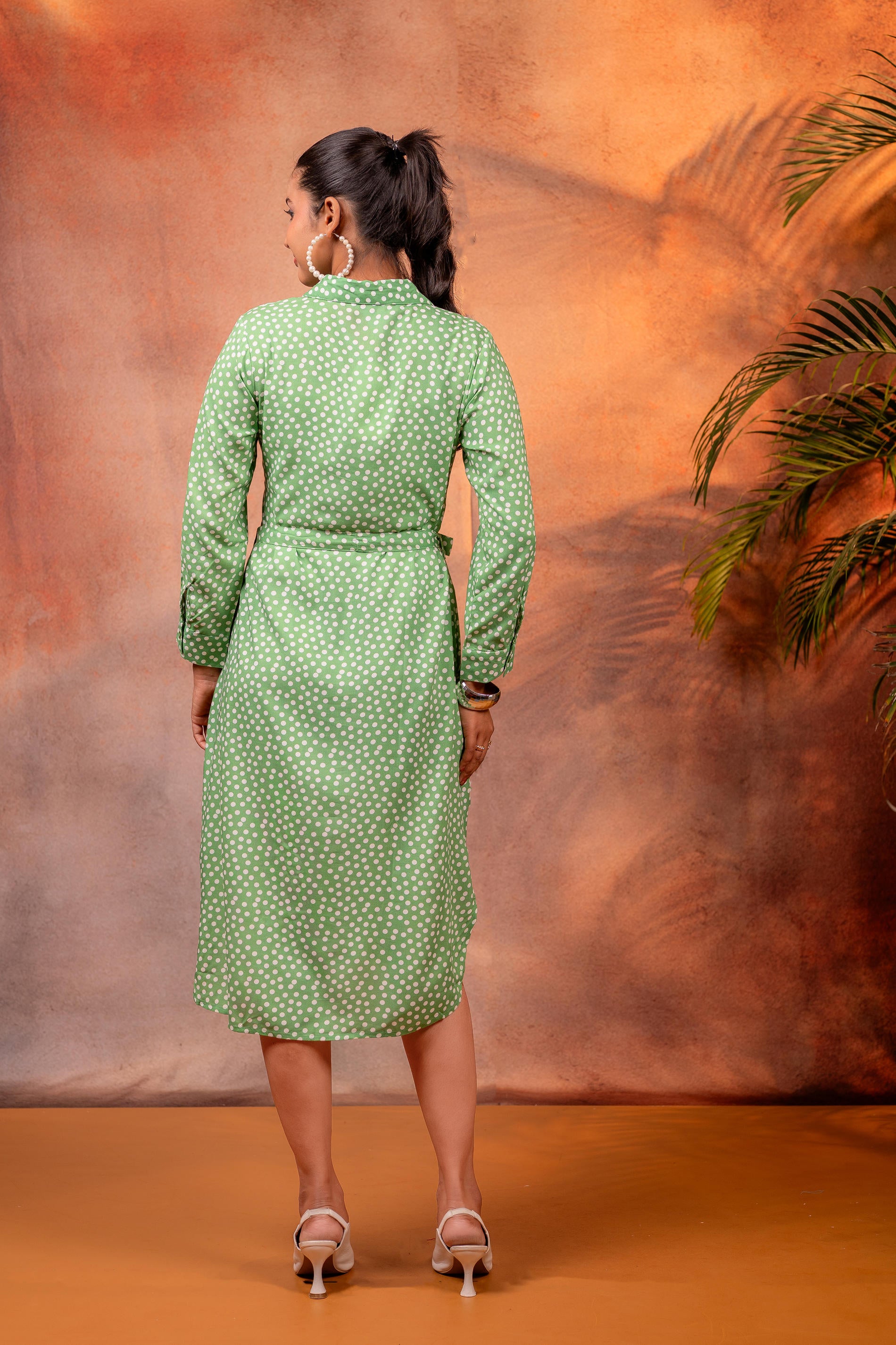 Lamora Green Polka Dot Shirt Dress with Waist Tie